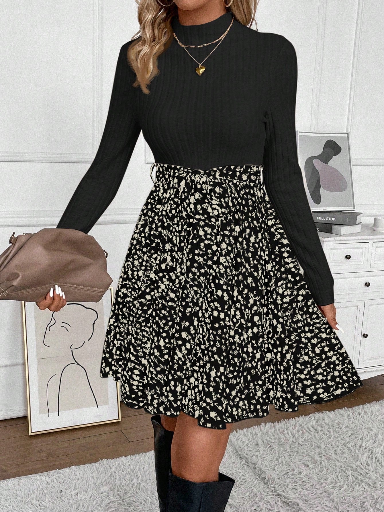 Frenchy Ditsy Floral Print Mock Neck Belted Bottom&Top Two Tone A Line Floral Print Dress