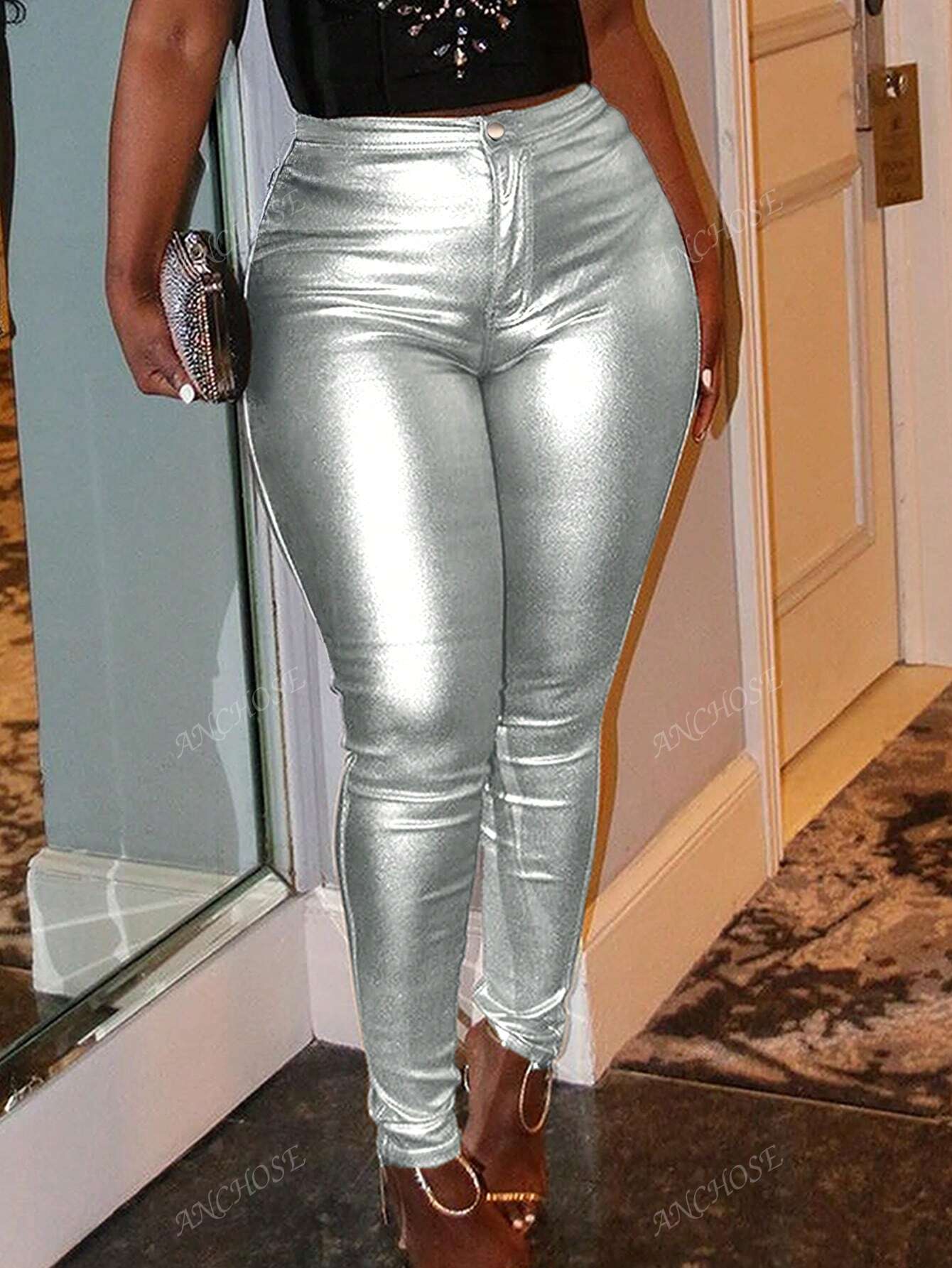 Women's Metallic Coated Elastic Skinny Pants