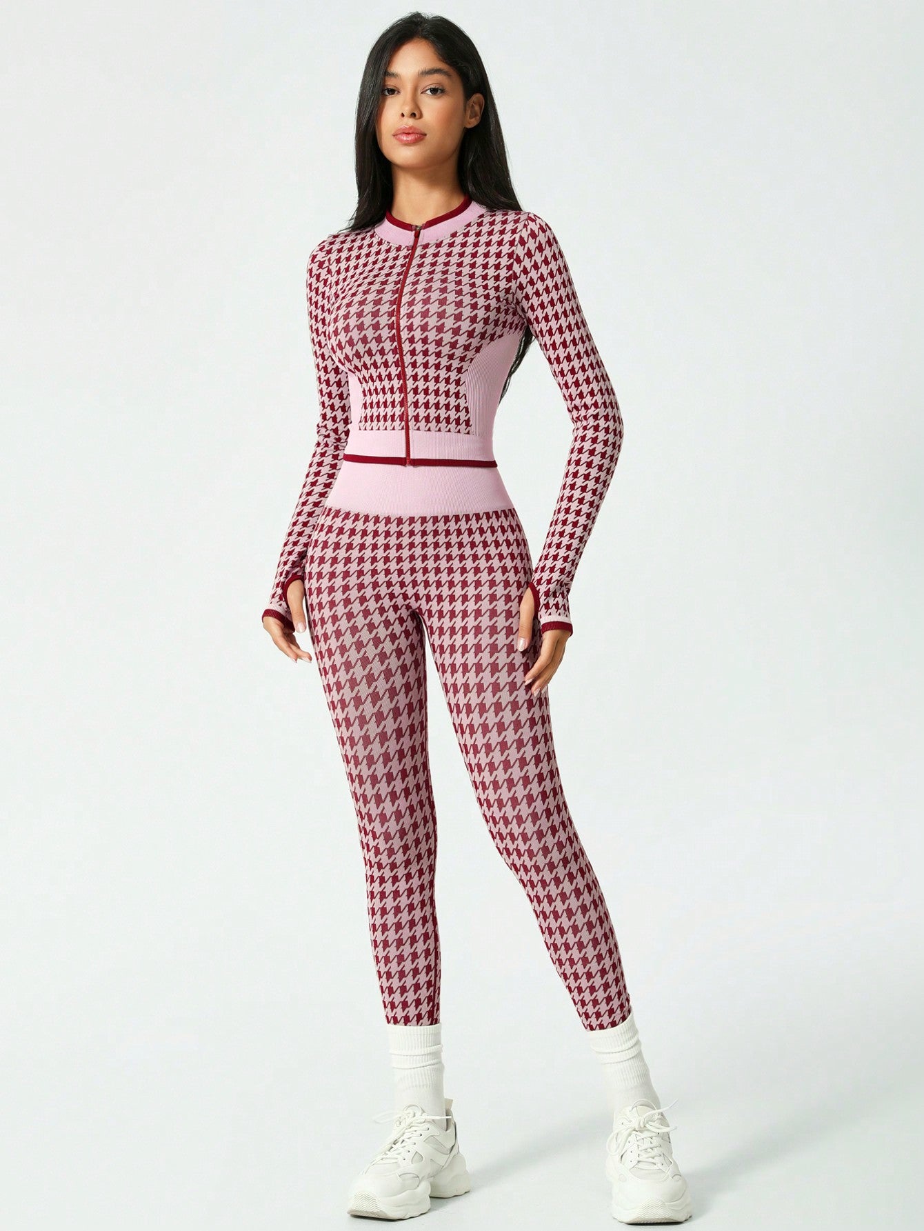 2Pcs/Set Women Christmas Houndstooth Zipper Long Sleeve Sports Suit, Contrast Color Jacket And High Waisted Pants