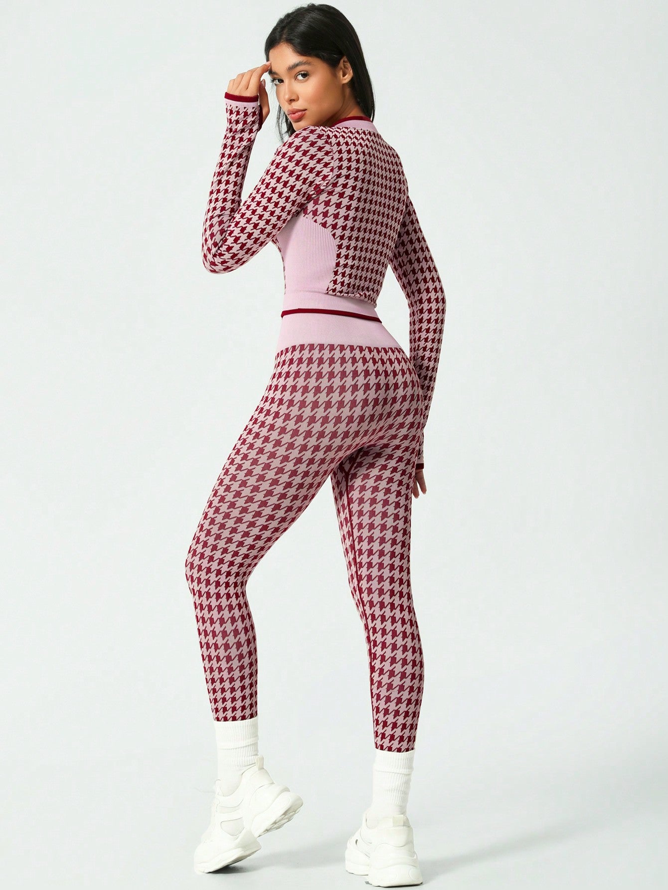 2Pcs/Set Women Christmas Houndstooth Zipper Long Sleeve Sports Suit, Contrast Color Jacket And High Waisted Pants