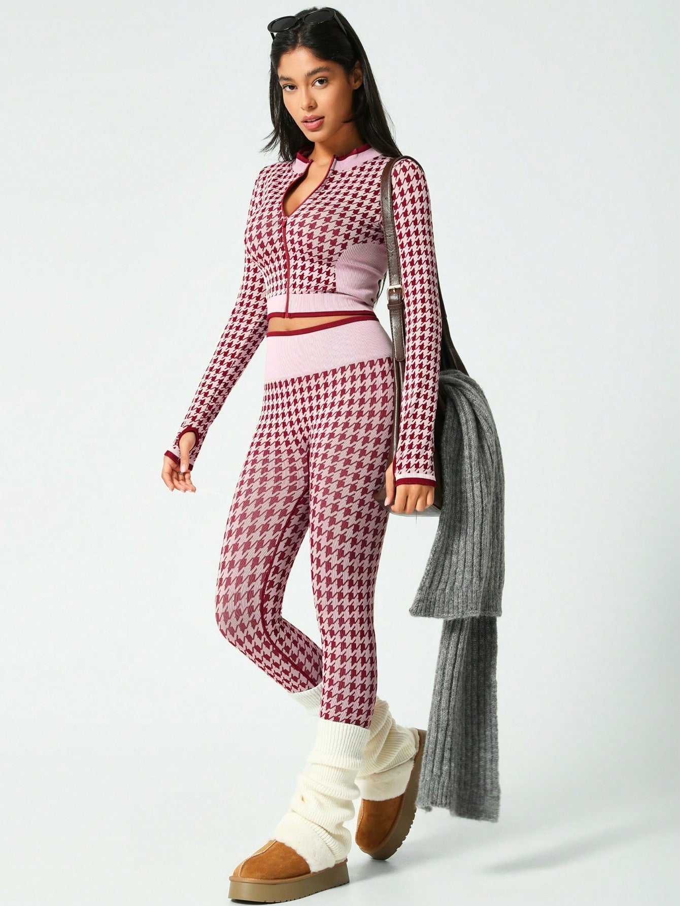 2Pcs/Set Women Christmas Houndstooth Zipper Long Sleeve Sports Suit, Contrast Color Jacket And High Waisted Pants