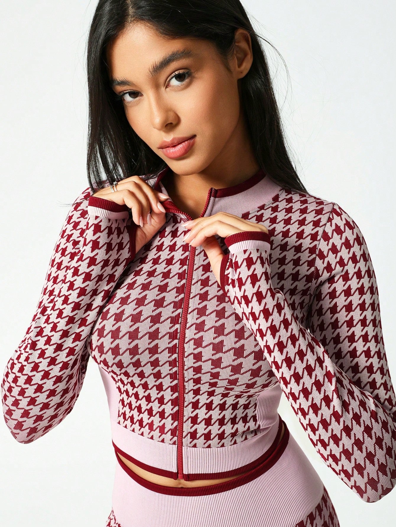 2Pcs/Set Women Christmas Houndstooth Zipper Long Sleeve Sports Suit, Contrast Color Jacket And High Waisted Pants