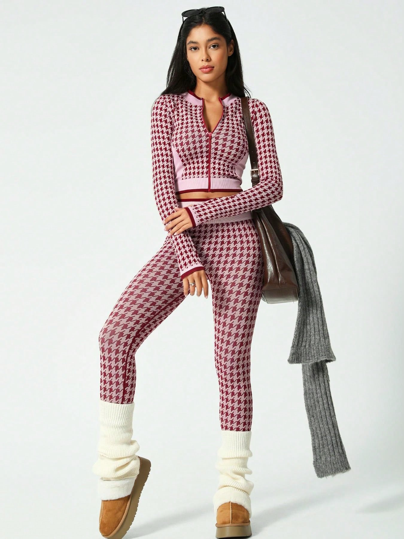 2Pcs/Set Women Christmas Houndstooth Zipper Long Sleeve Sports Suit, Contrast Color Jacket And High Waisted Pants