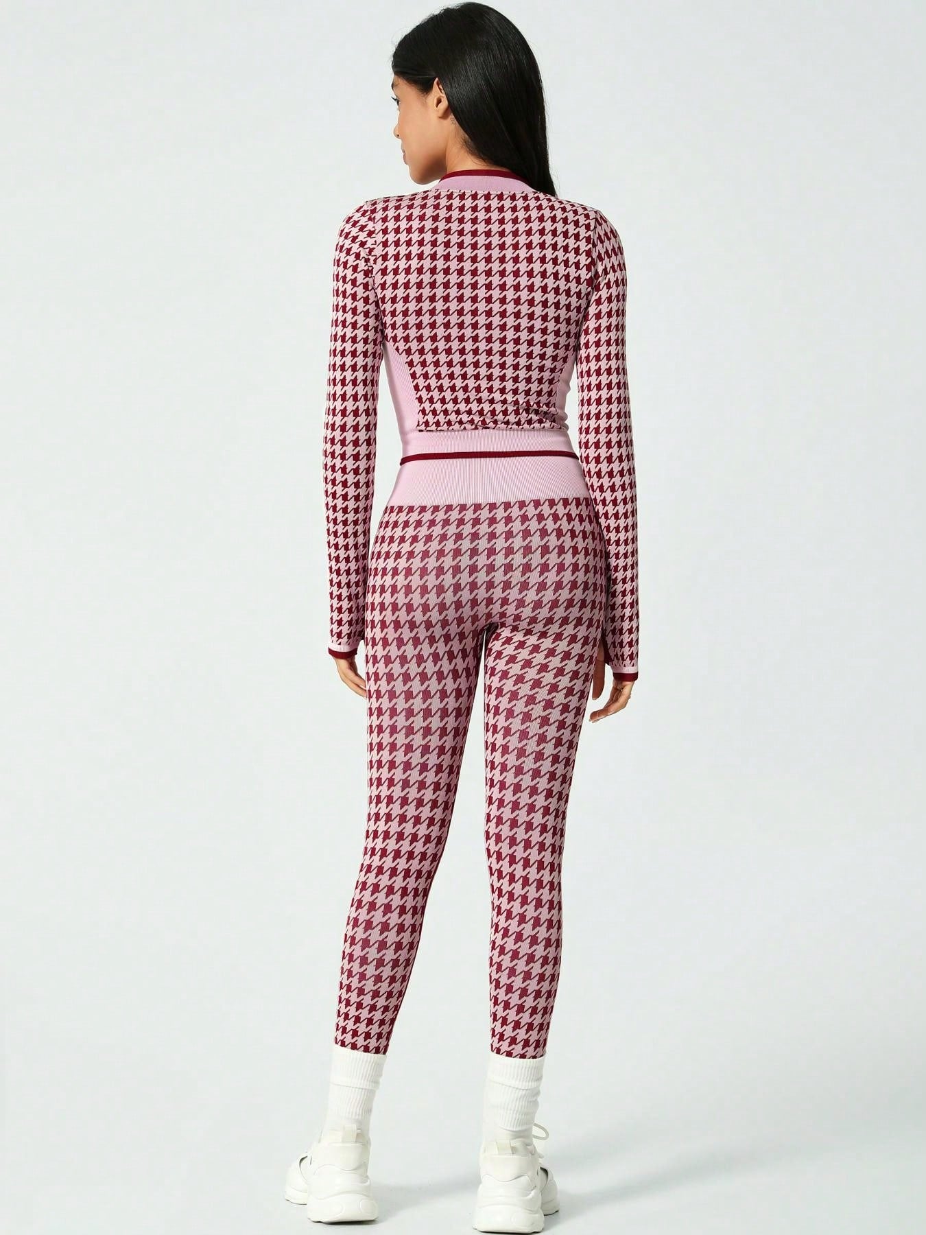2Pcs/Set Women Christmas Houndstooth Zipper Long Sleeve Sports Suit, Contrast Color Jacket And High Waisted Pants