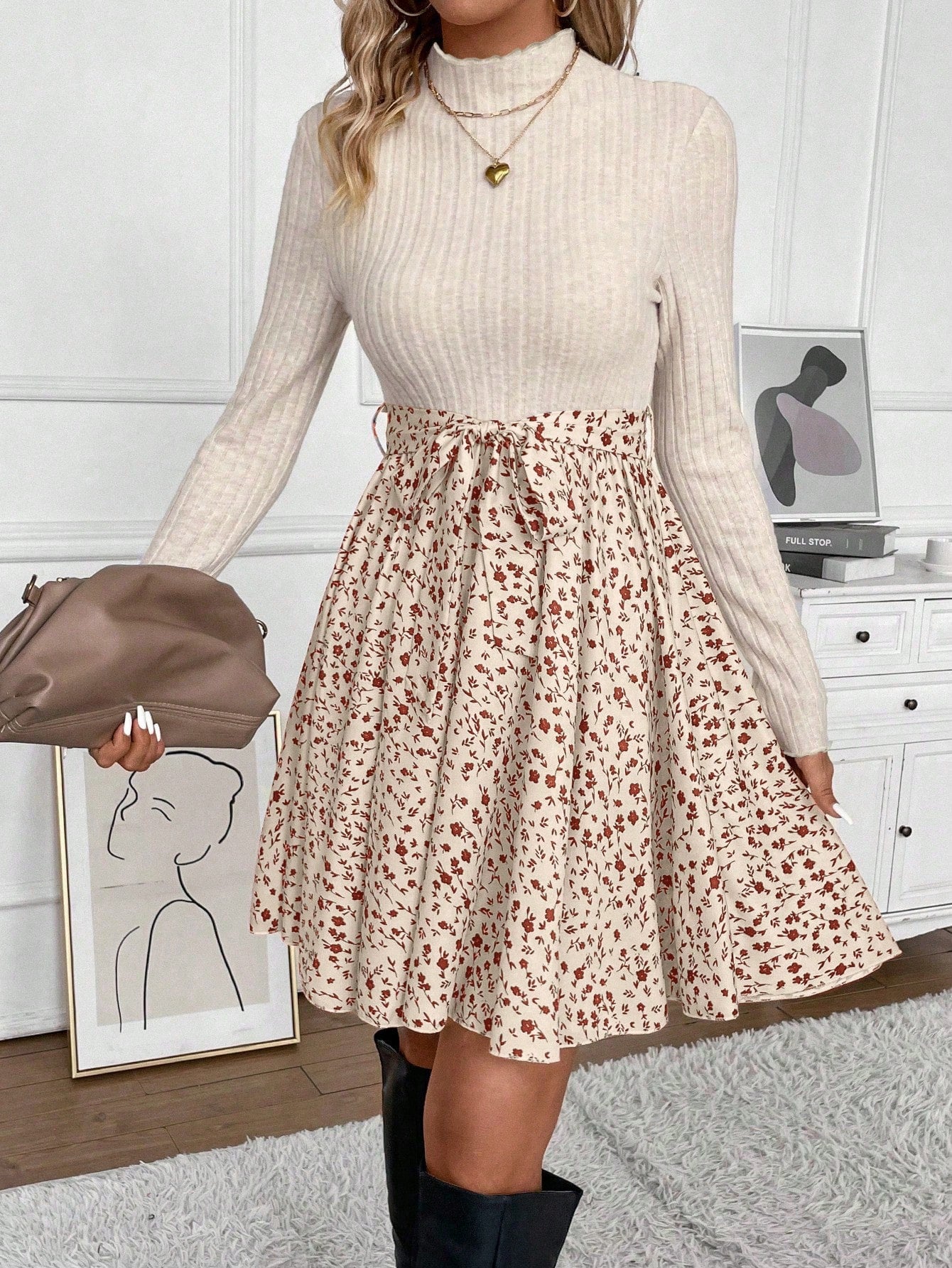 Frenchy Ditsy Floral Print Mock Neck Belted Bottom&Top Two Tone A Line Floral Print Dress