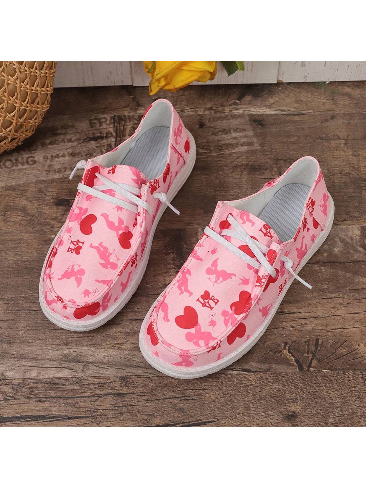 Round Toe Lace-Up Contrast Color Heart & Cartoon Print Fashionable Versatile Women Casual Sneakers For Urban Outdoor