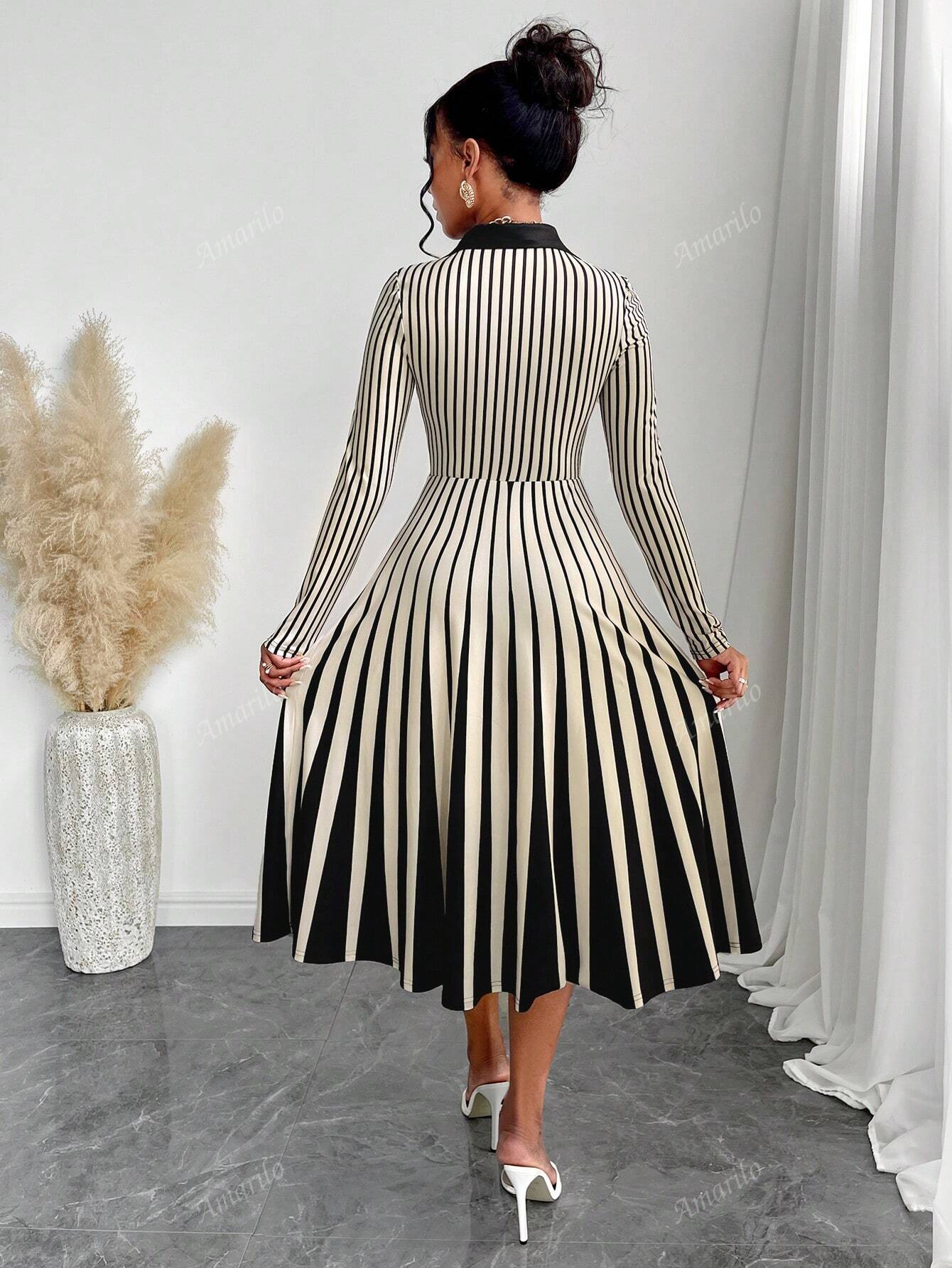 2024 Fall Women's Casual Elegant Striped Polo Collar Casual Long Sleeve Midi Dress For Simple Daily Life