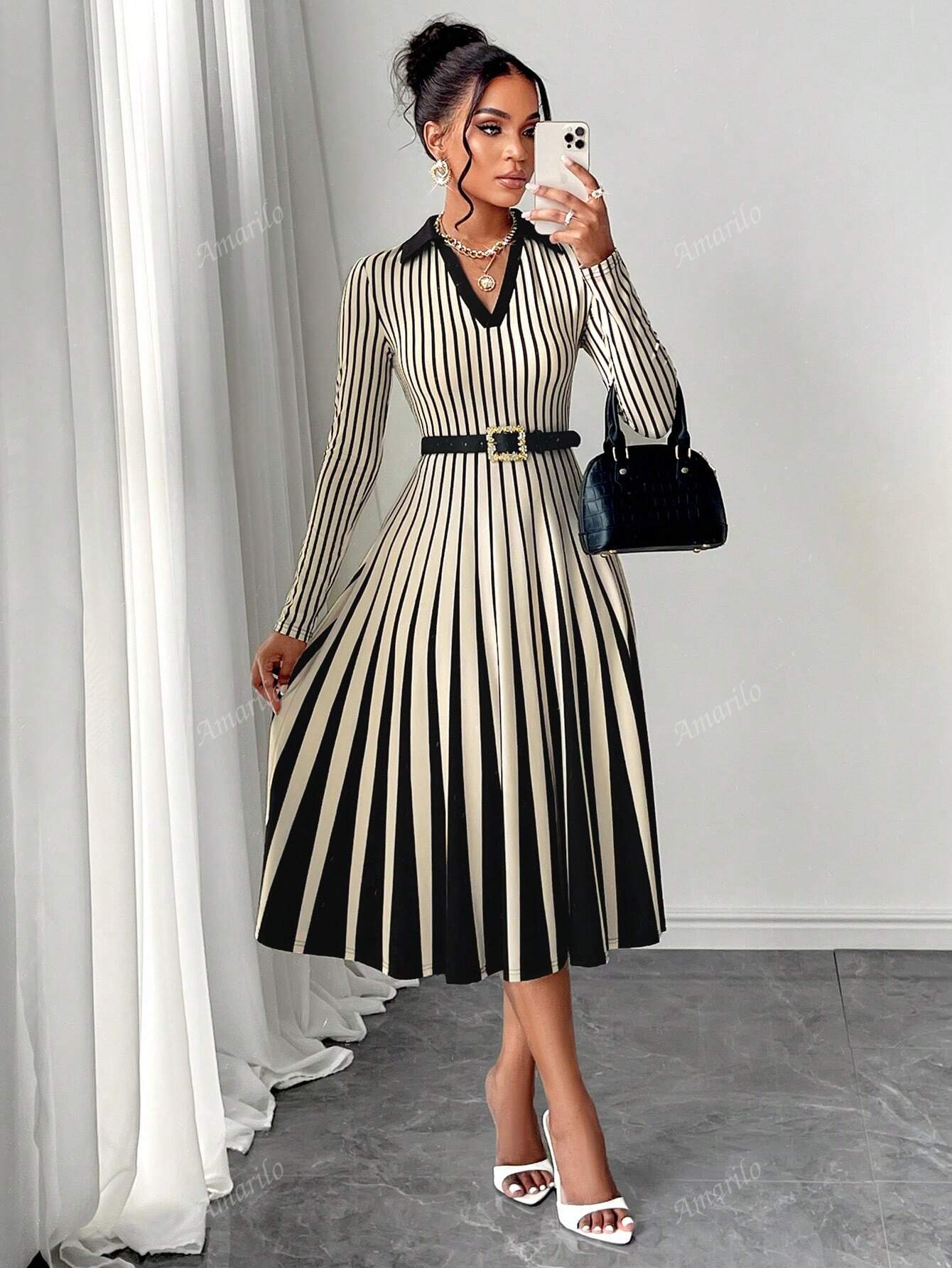 2024 Fall Women's Casual Elegant Striped Polo Collar Casual Long Sleeve Midi Dress For Simple Daily Life