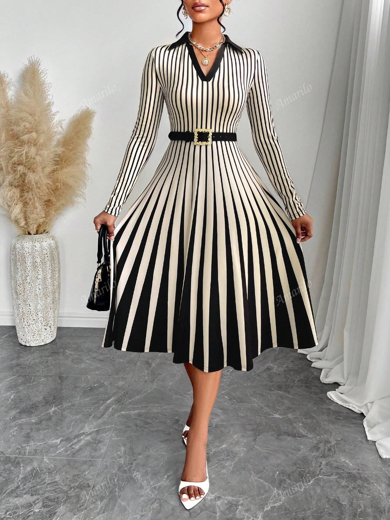 2024 Fall Women's Casual Elegant Striped Polo Collar Casual Long Sleeve Midi Dress For Simple Daily Life