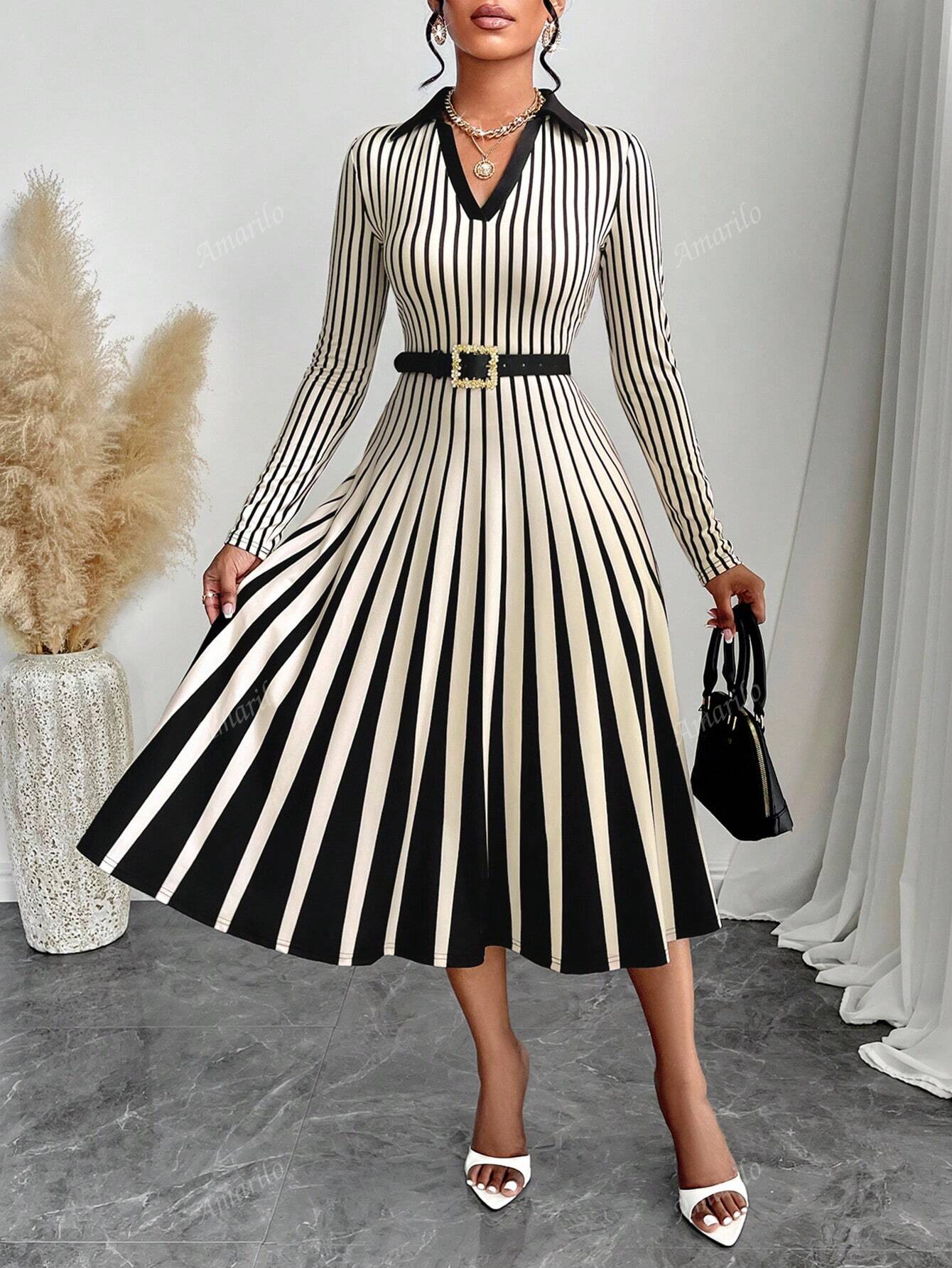 2024 Fall Women's Casual Elegant Striped Polo Collar Casual Long Sleeve Midi Dress For Simple Daily Life