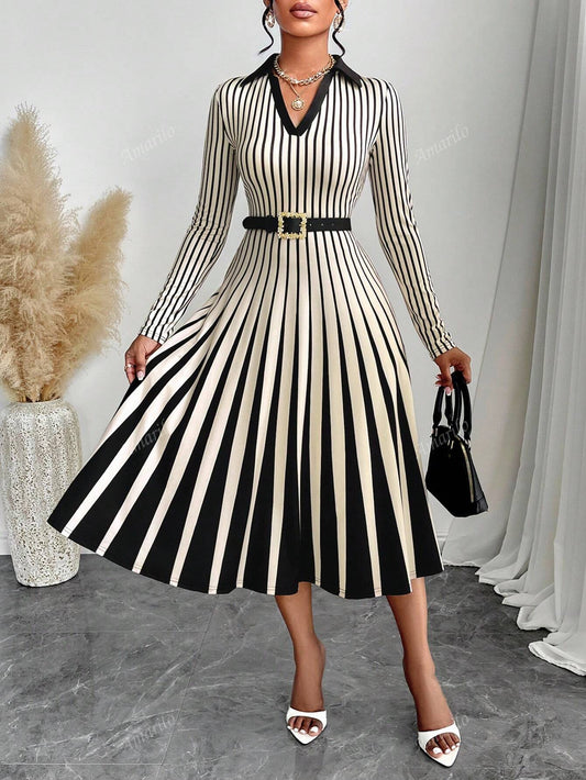 2024 Fall Women's Casual Elegant Striped Polo Collar Casual Long Sleeve Midi Dress For Simple Daily Life