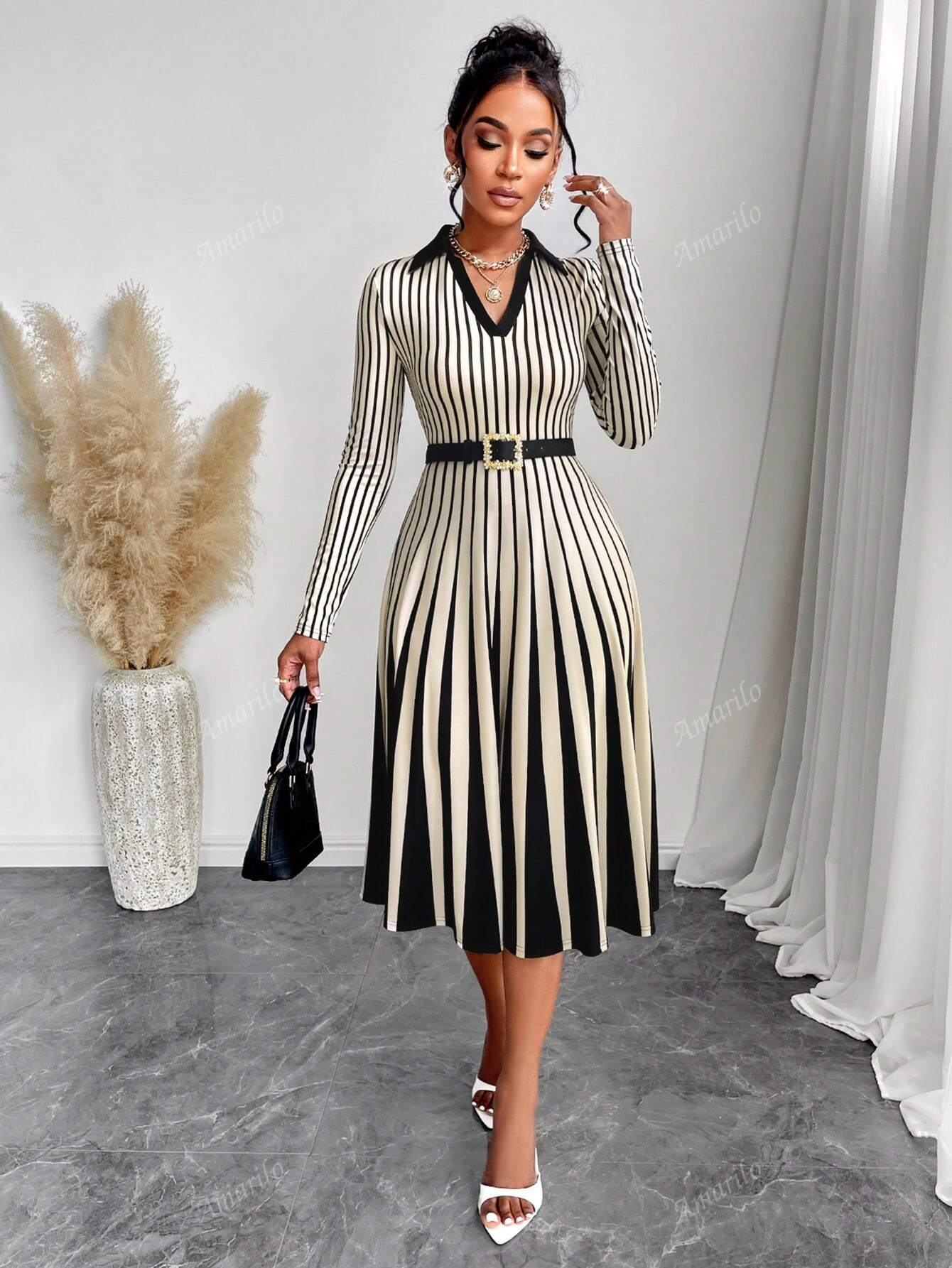 2024 Fall Women's Casual Elegant Striped Polo Collar Casual Long Sleeve Midi Dress For Simple Daily Life