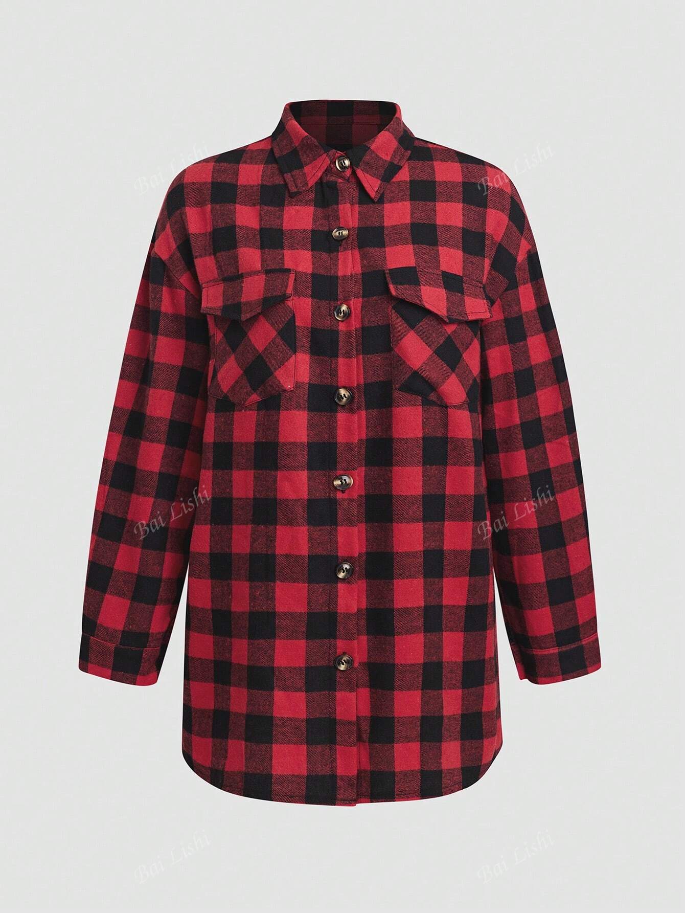 Ladies' Casual Commuting Plaid Front Button Up Shirt, Casual Long Sleeved Lapel Shirt, Suitable For Spring, Autumn, And Winter Wear