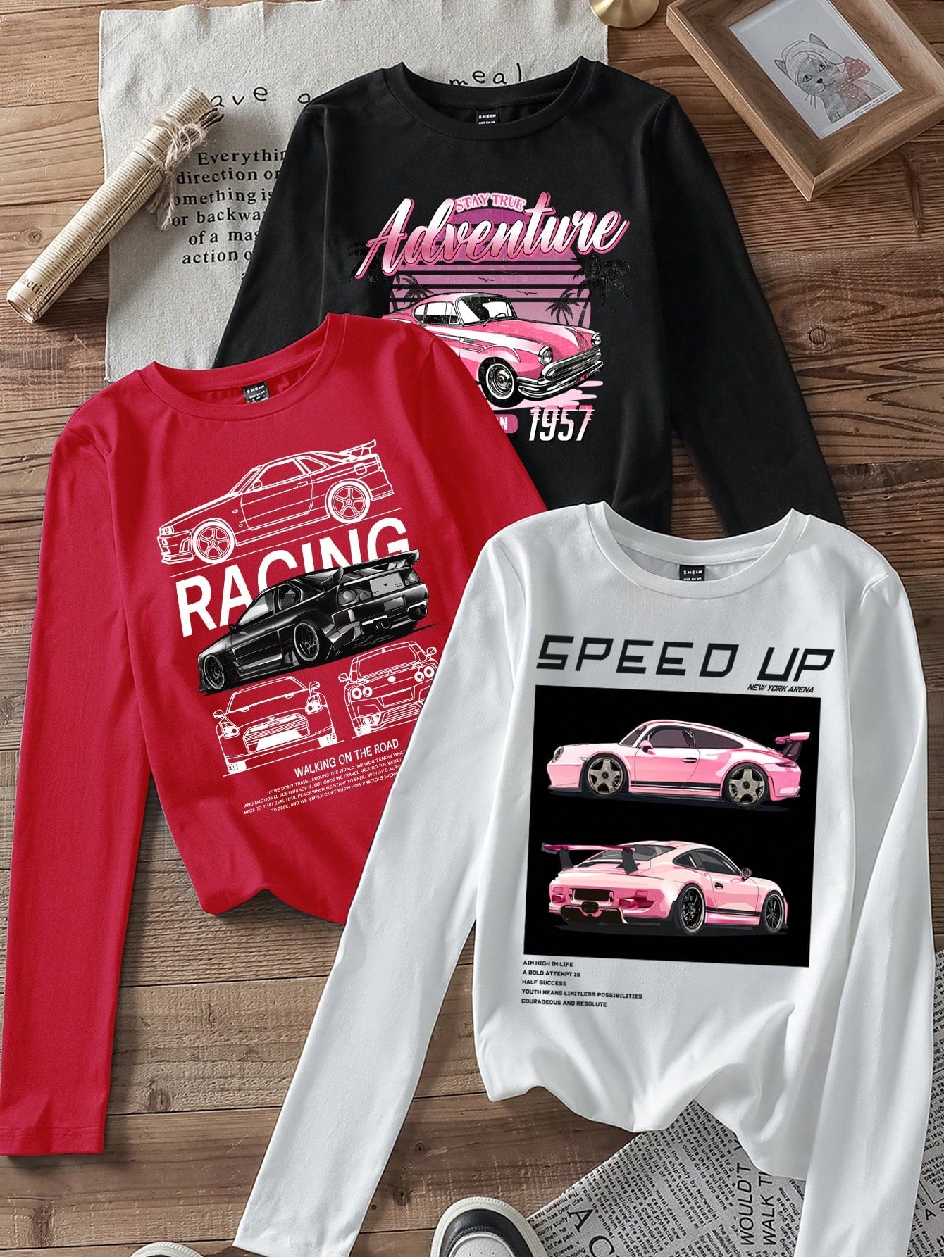 EZwear 3pcs Set Women Casual Letter Print Round Neck Slim Fit Long Sleeve T-Shirt Outfit, Suitable For Autumn