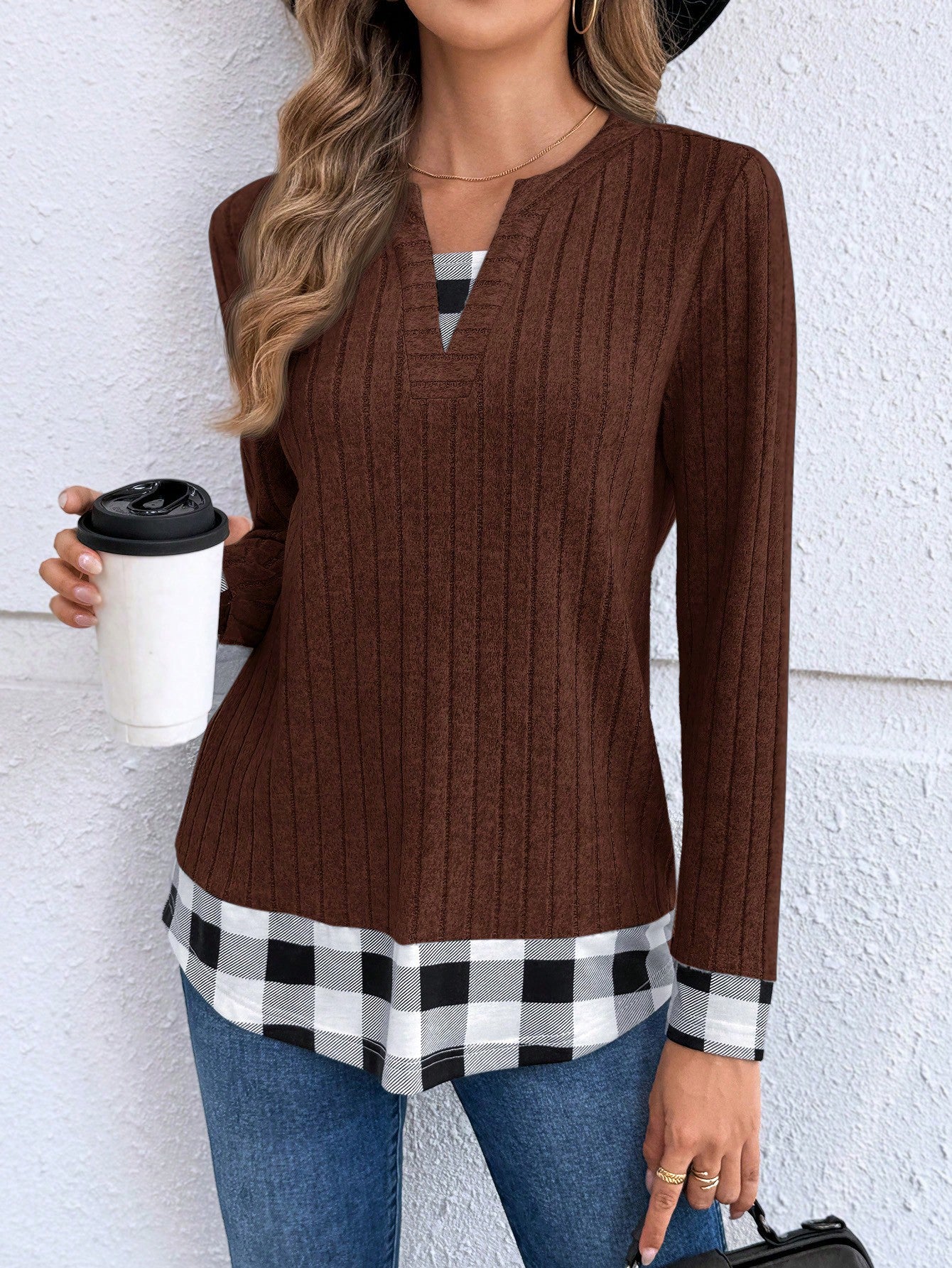 EMERY ROSE Women's Casual Plaid Patchwork Long Sleeve Tops