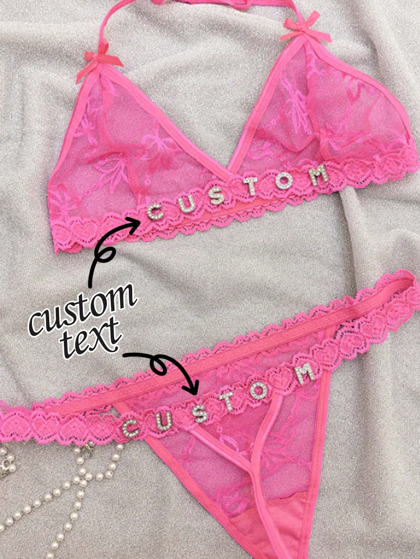 Customized Lace See-Through T-String Set, Customized Metal Letter Decoration Sexy Lingerie, Customized Rhinestone Letter Lace Sexy Lingerie