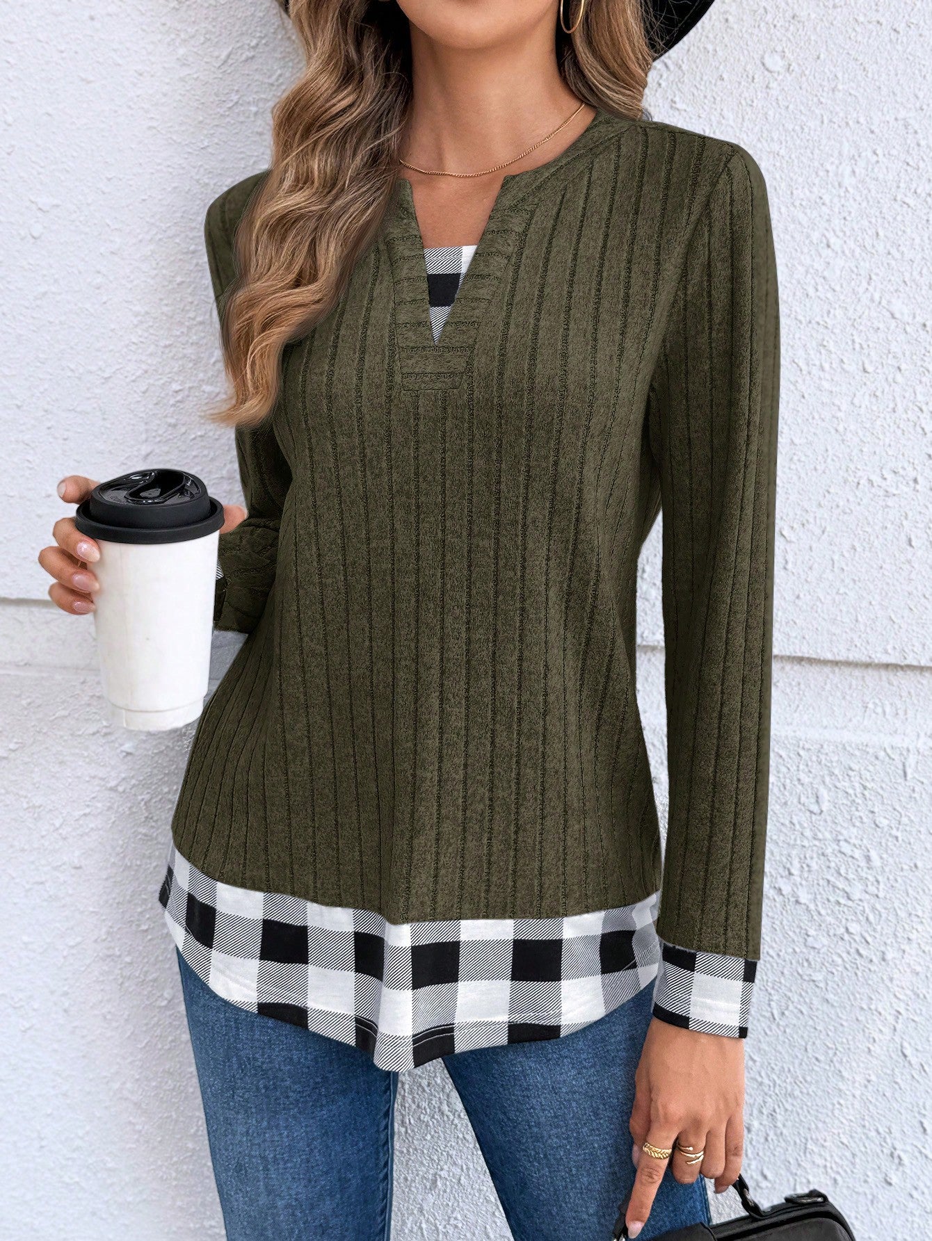 EMERY ROSE Women's Casual Plaid Patchwork Long Sleeve Tops