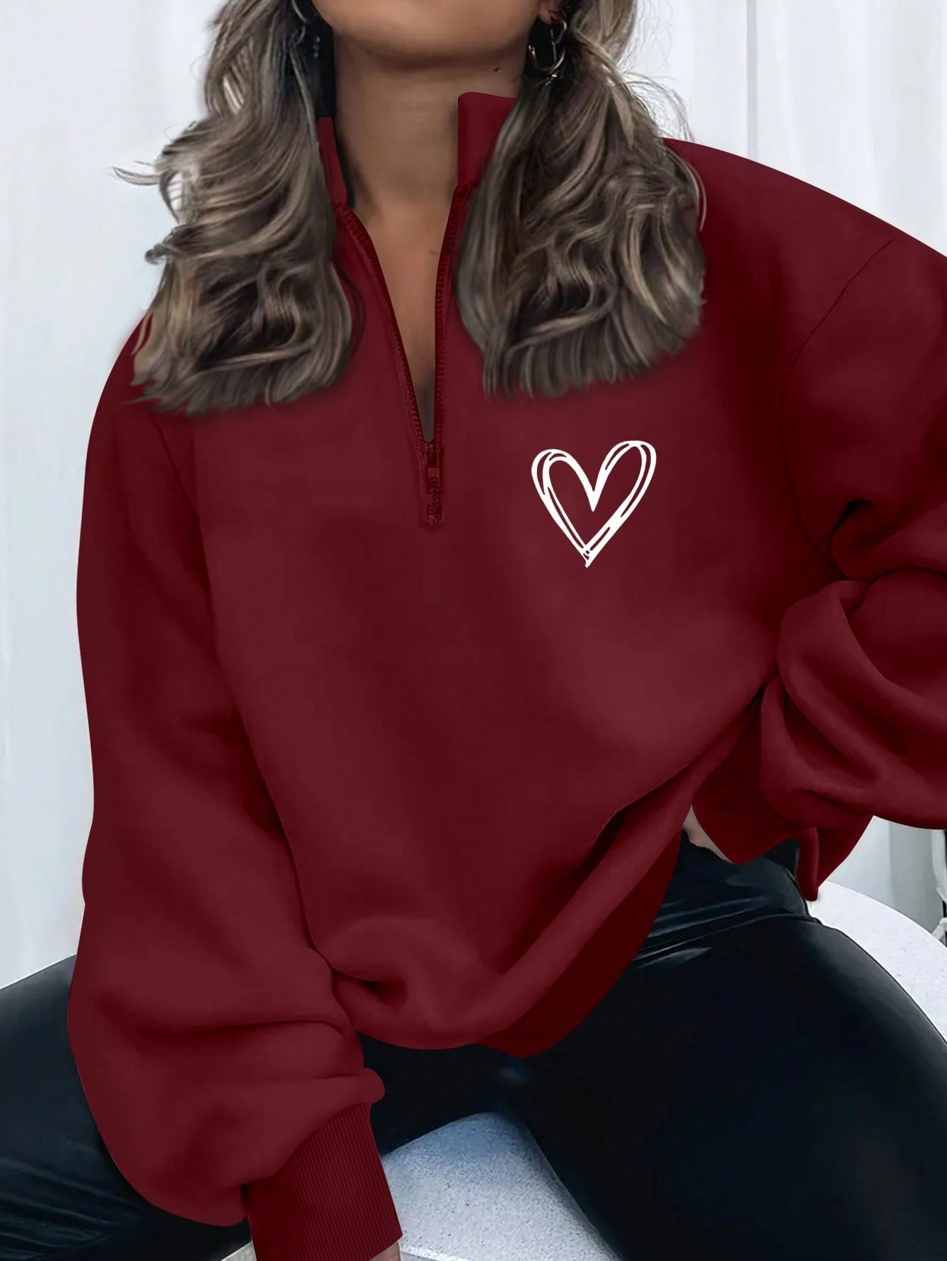 INAWLY Plus Size Women Solid Color Drop Shoulder Long Sleeve Zipper Half Placket Loose Casual Sweatshirt, Autumn