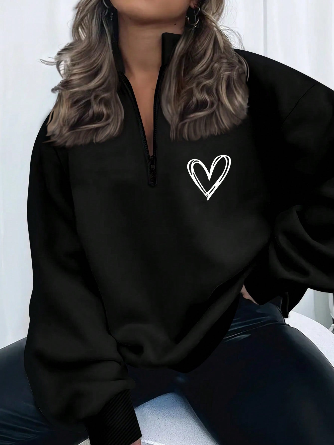 INAWLY Plus Size Women Solid Color Drop Shoulder Long Sleeve Zipper Half Placket Loose Casual Sweatshirt, Autumn