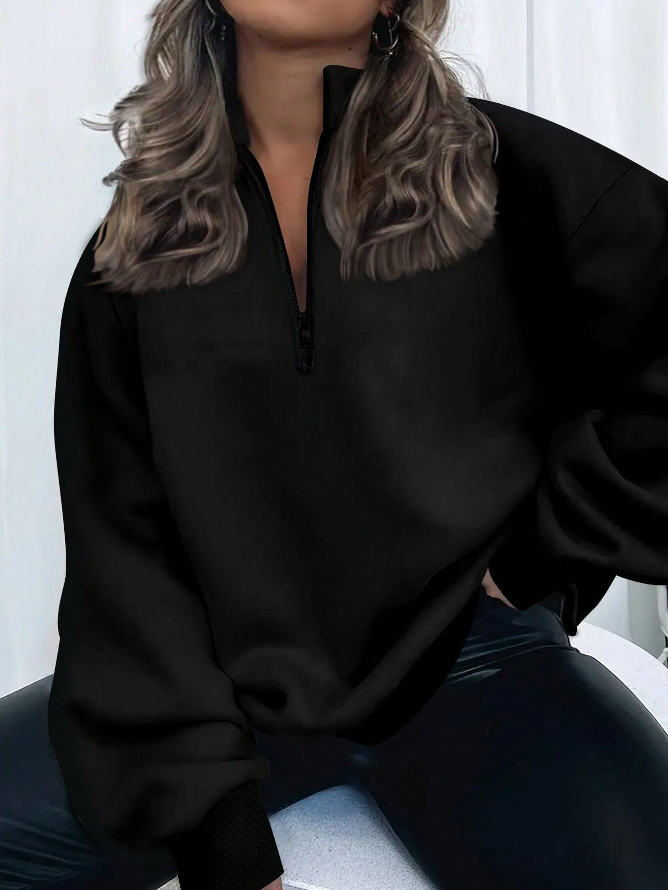 INAWLY Plus Size Women Solid Color Drop Shoulder Long Sleeve Zipper Half Placket Loose Casual Sweatshirt, Autumn