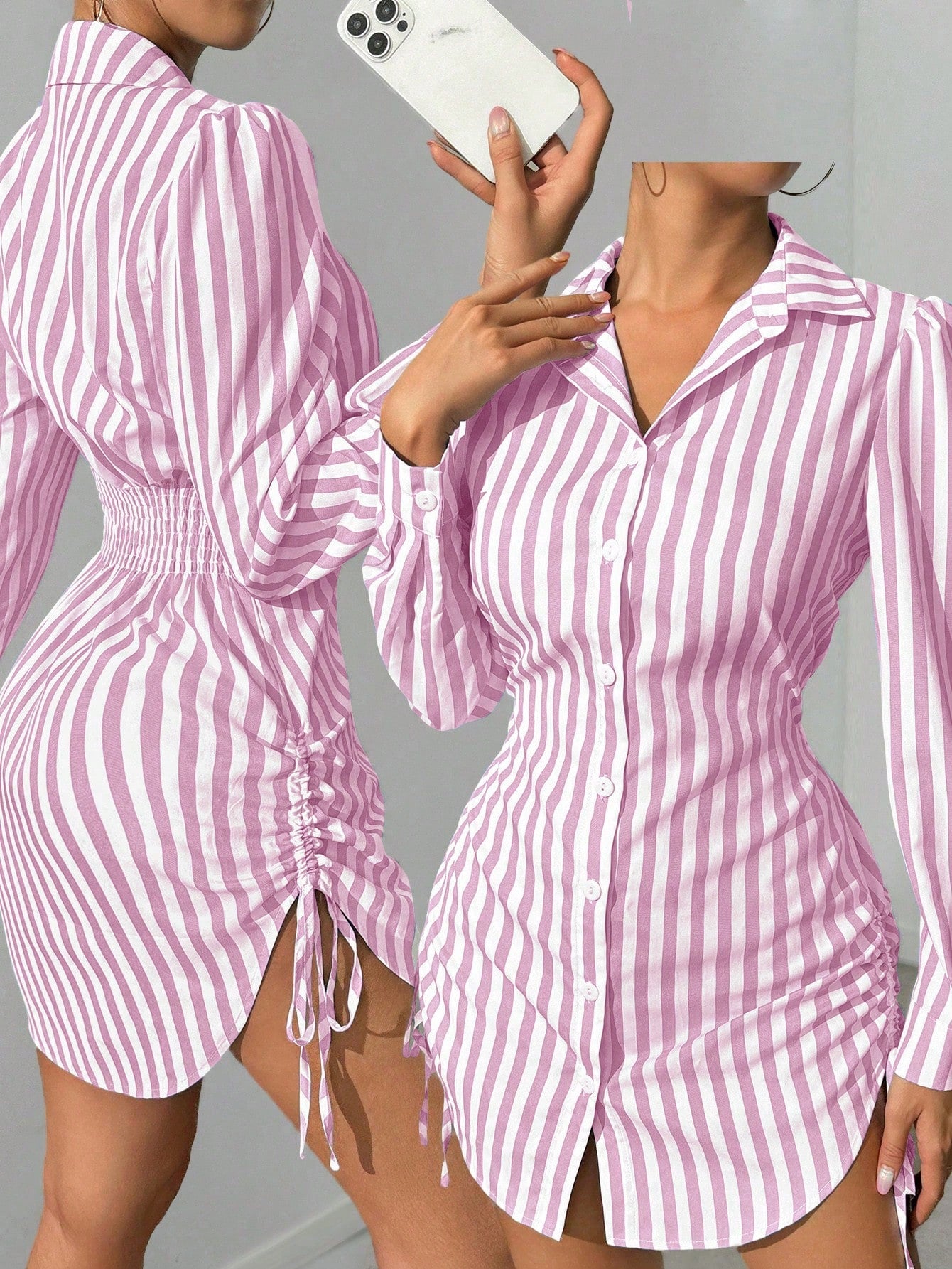 Foxxy Striped Side Drawstring Shirt Dress
