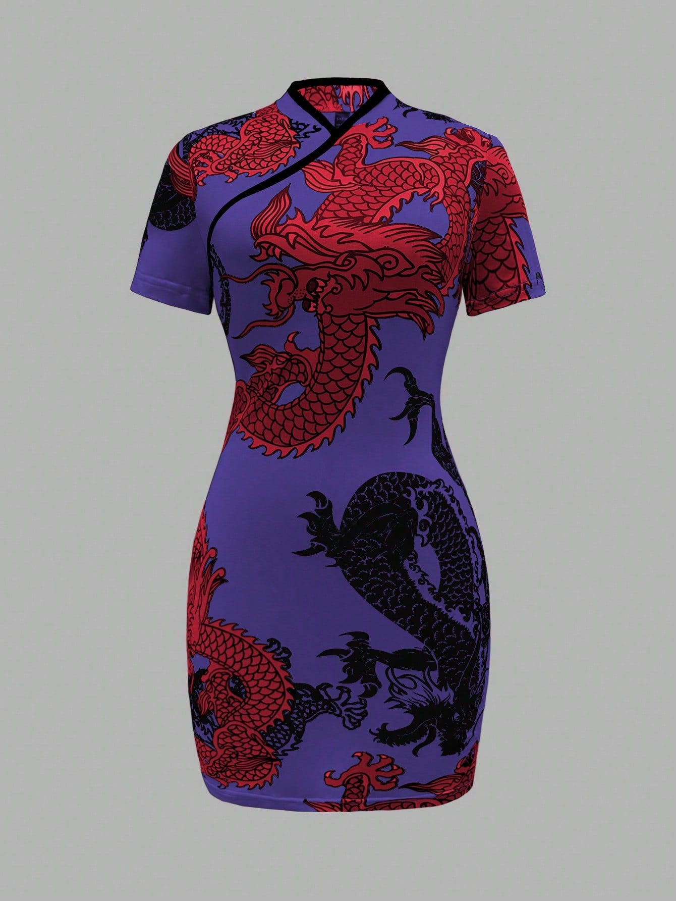 Unity Chinese Dragon Print Random Cut Women Summer Stand Collar Short Sleeve Elegant Dress