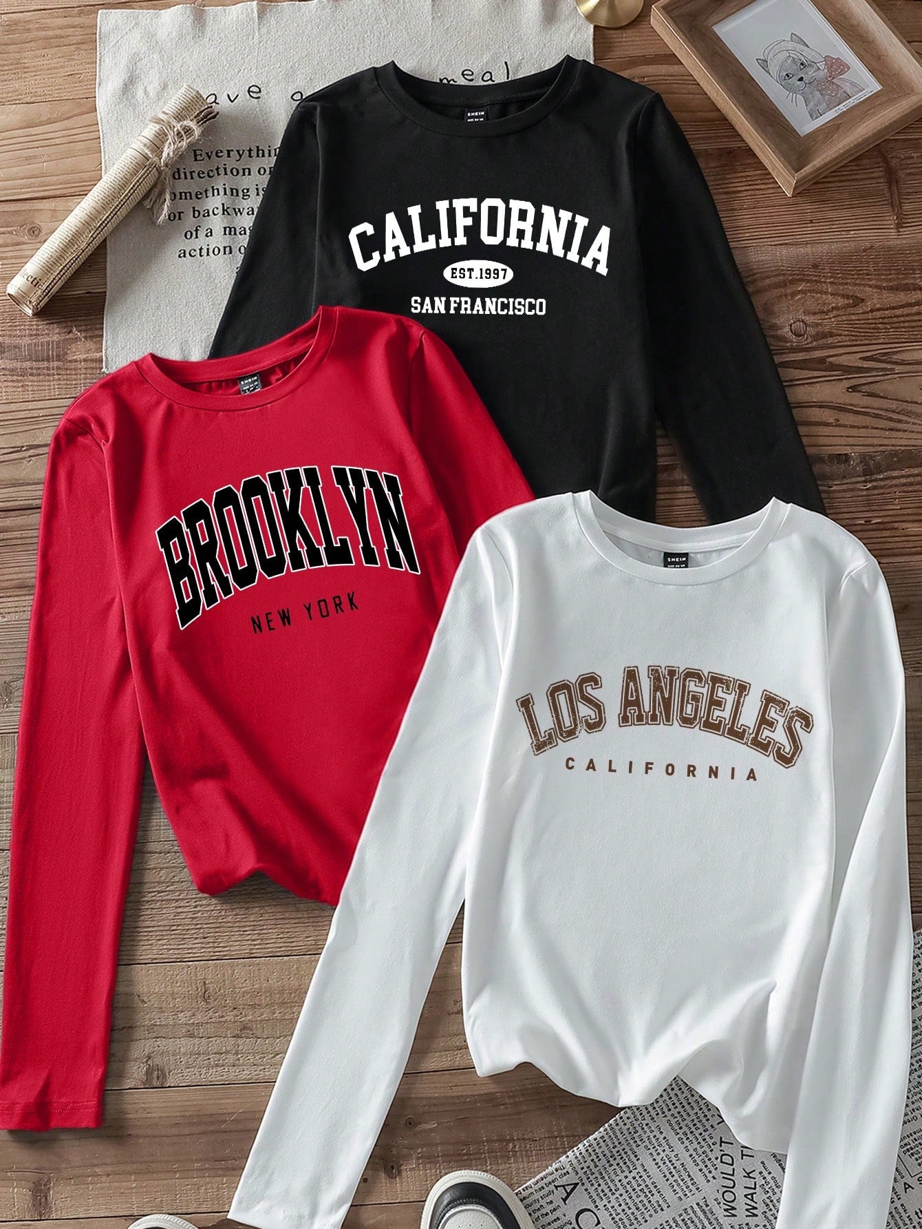 EZwear 3pcs Set Women Casual Letter Print Round Neck Slim Fit Long Sleeve T-Shirt Outfit, Suitable For Autumn