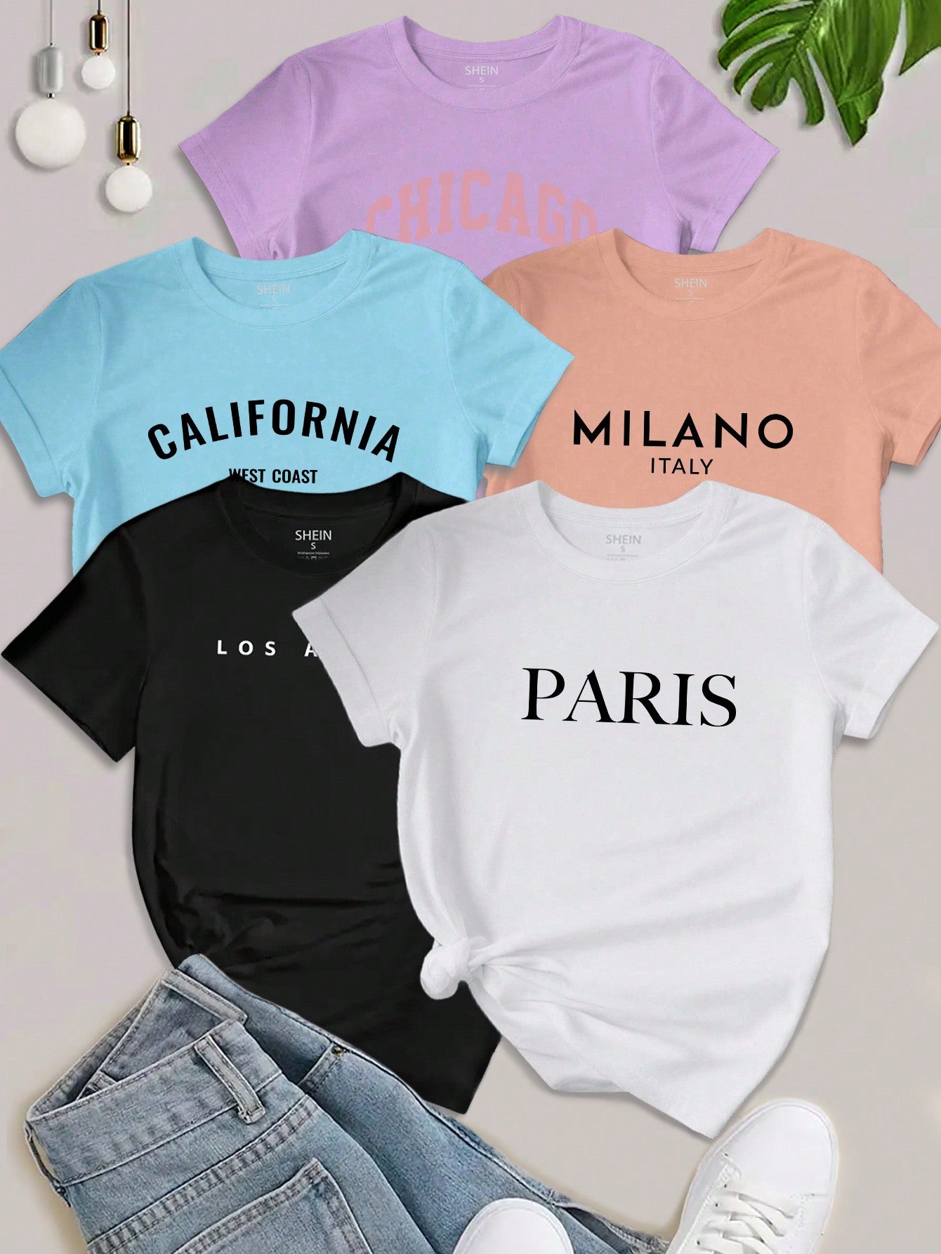 EZwear 5PCS Women's Slogan Letter Printed T-Shirt Short Sleeved Casual Top Graphic Tees Women Tops