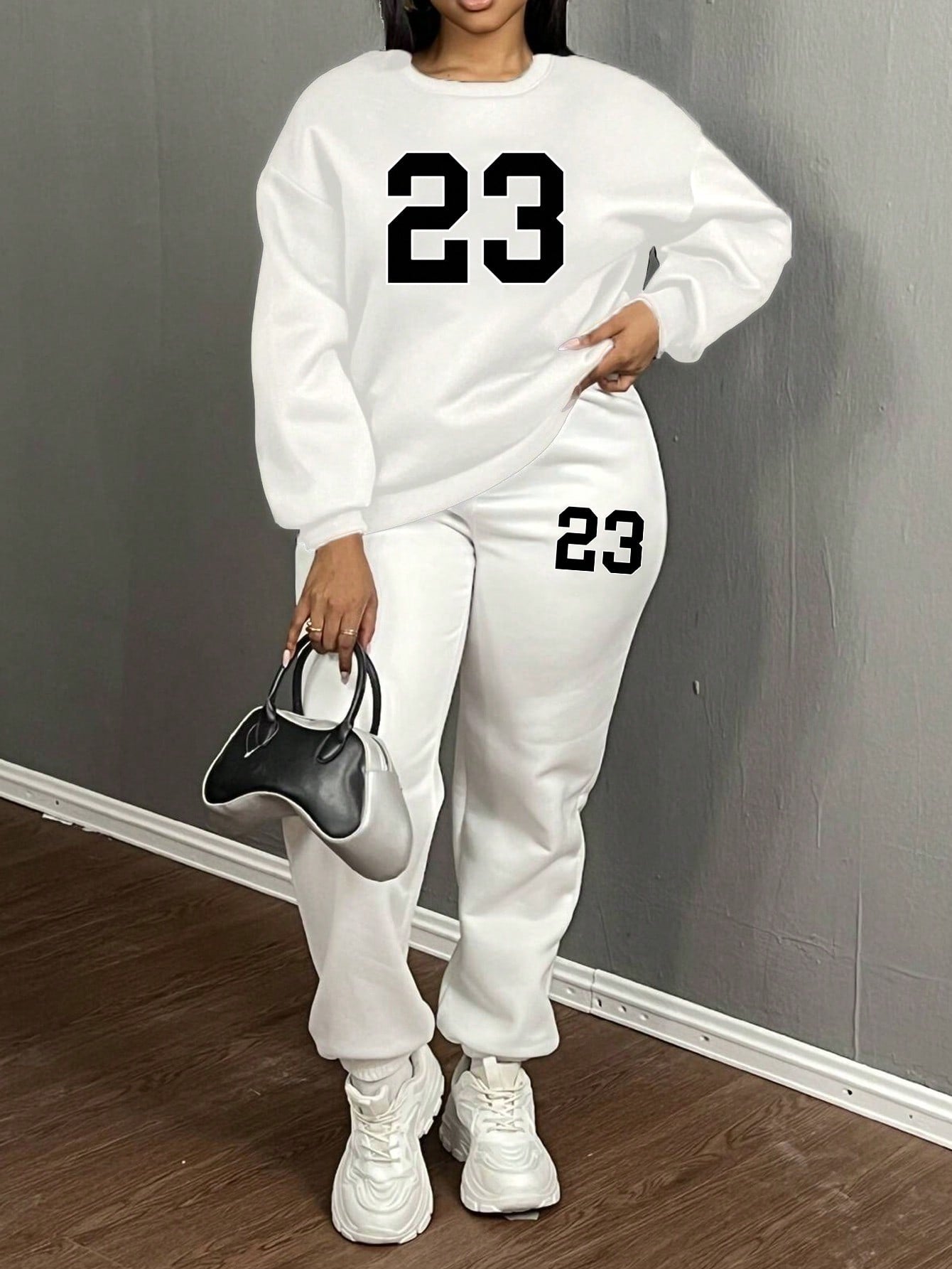 Slayr 2pcs/Set Women 23 Graphic Crew Neck Oversized Loose Fit Long Sleeve Sweatshirt And Long Drawstring Hem Casual Sweatpants, Autumn/Winter