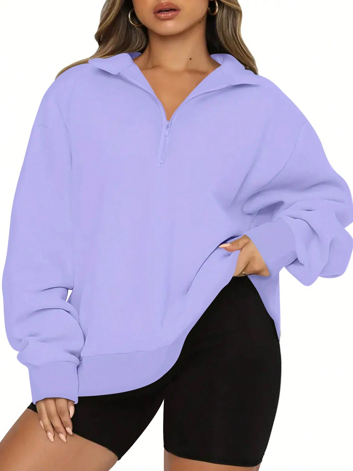 INAWLY Plus Size Women Solid Color Drop Shoulder Long Sleeve Zipper Half Placket Loose Casual Sweatshirt, Autumn