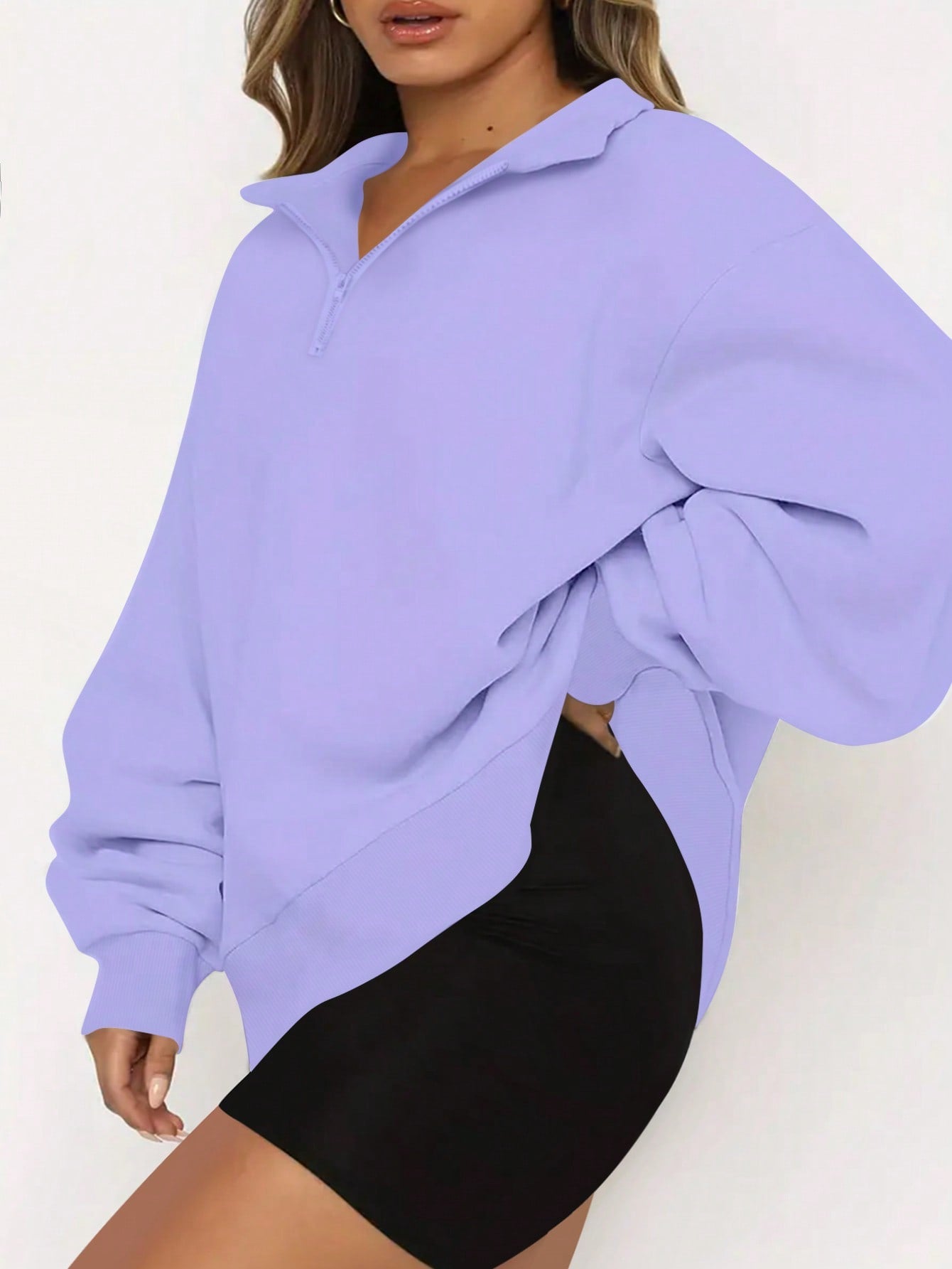 INAWLY Plus Size Women Solid Color Drop Shoulder Long Sleeve Zipper Half Placket Loose Casual Sweatshirt, Autumn