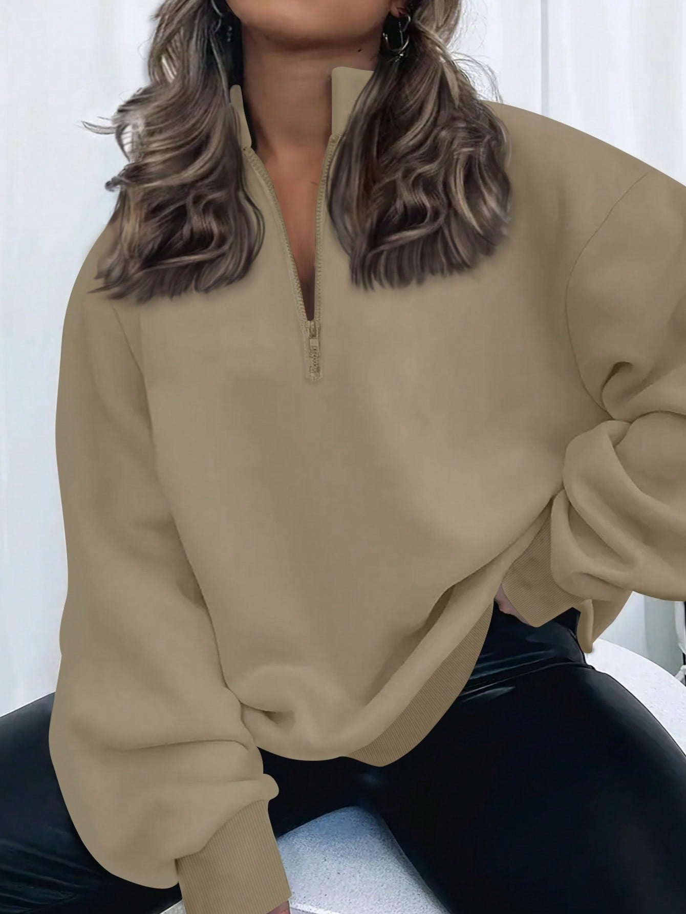 INAWLY Plus Size Women Solid Color Drop Shoulder Long Sleeve Zipper Half Placket Loose Casual Sweatshirt, Autumn