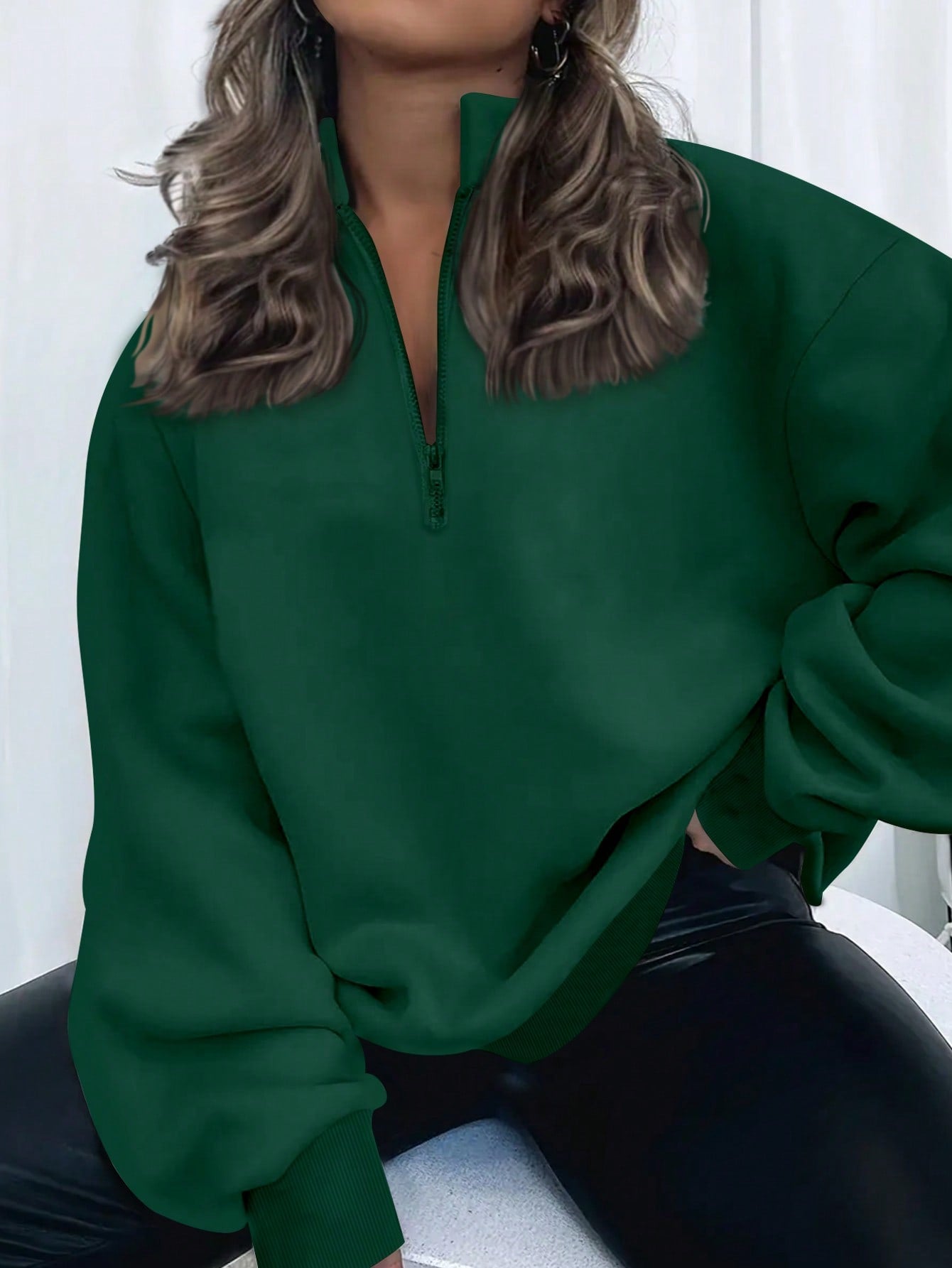 INAWLY Plus Size Women Solid Color Drop Shoulder Long Sleeve Zipper Half Placket Loose Casual Sweatshirt, Autumn