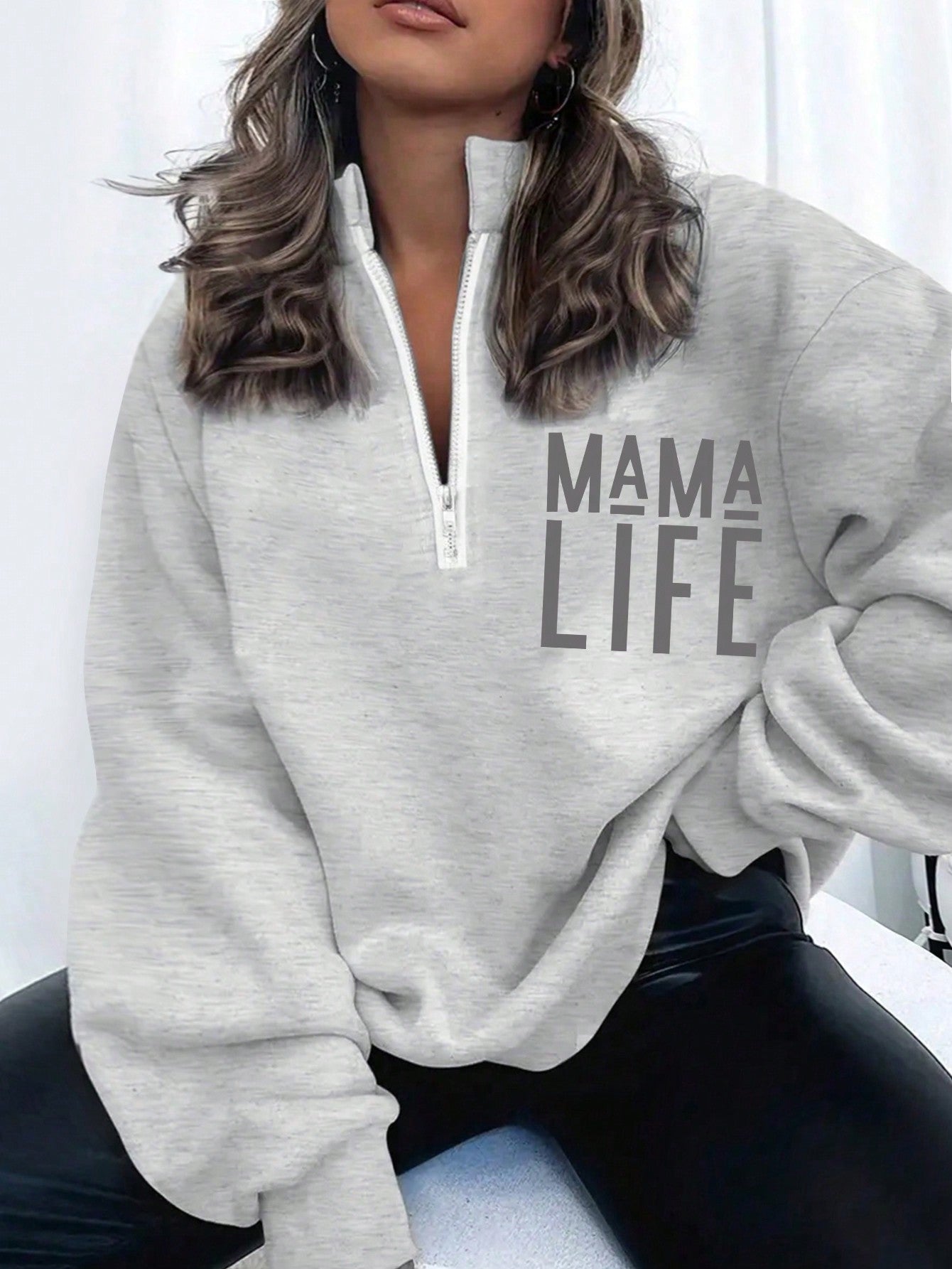 INAWLY Plus Size Women Solid Color Drop Shoulder Long Sleeve Zipper Half Placket Loose Casual Sweatshirt, Autumn