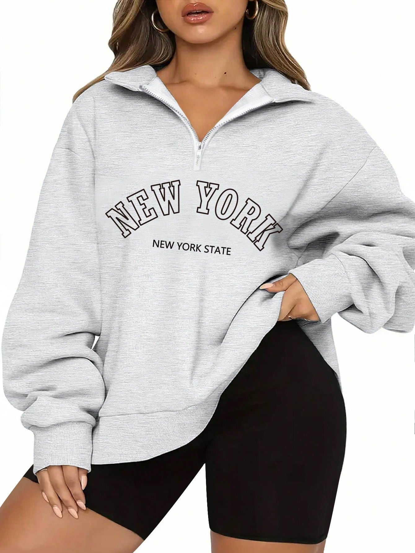 INAWLY Plus Size Women Solid Color Drop Shoulder Long Sleeve Zipper Half Placket Loose Casual Sweatshirt, Autumn