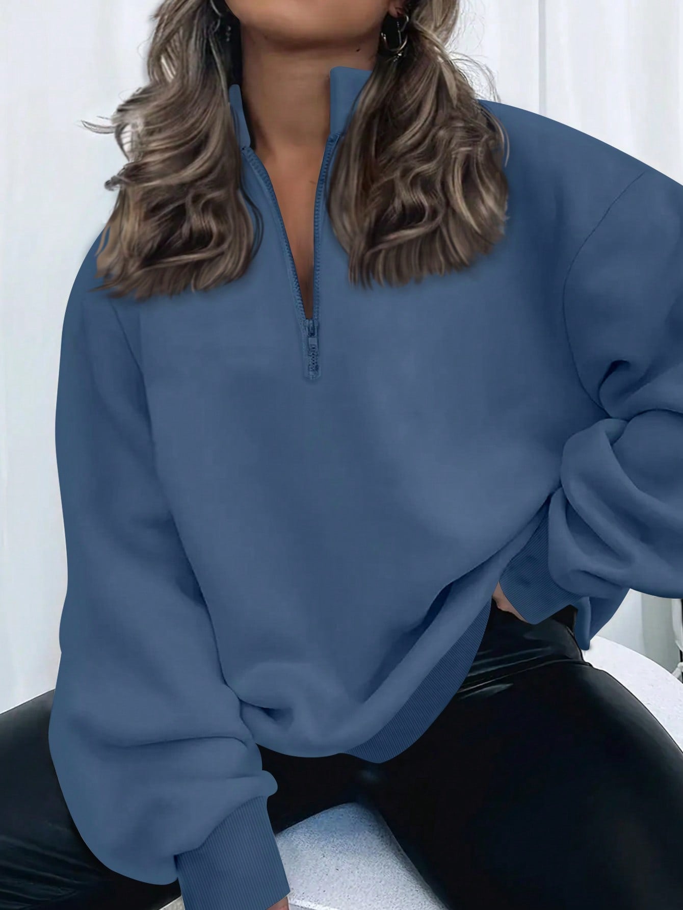 INAWLY Plus Size Women Solid Color Drop Shoulder Long Sleeve Zipper Half Placket Loose Casual Sweatshirt, Autumn