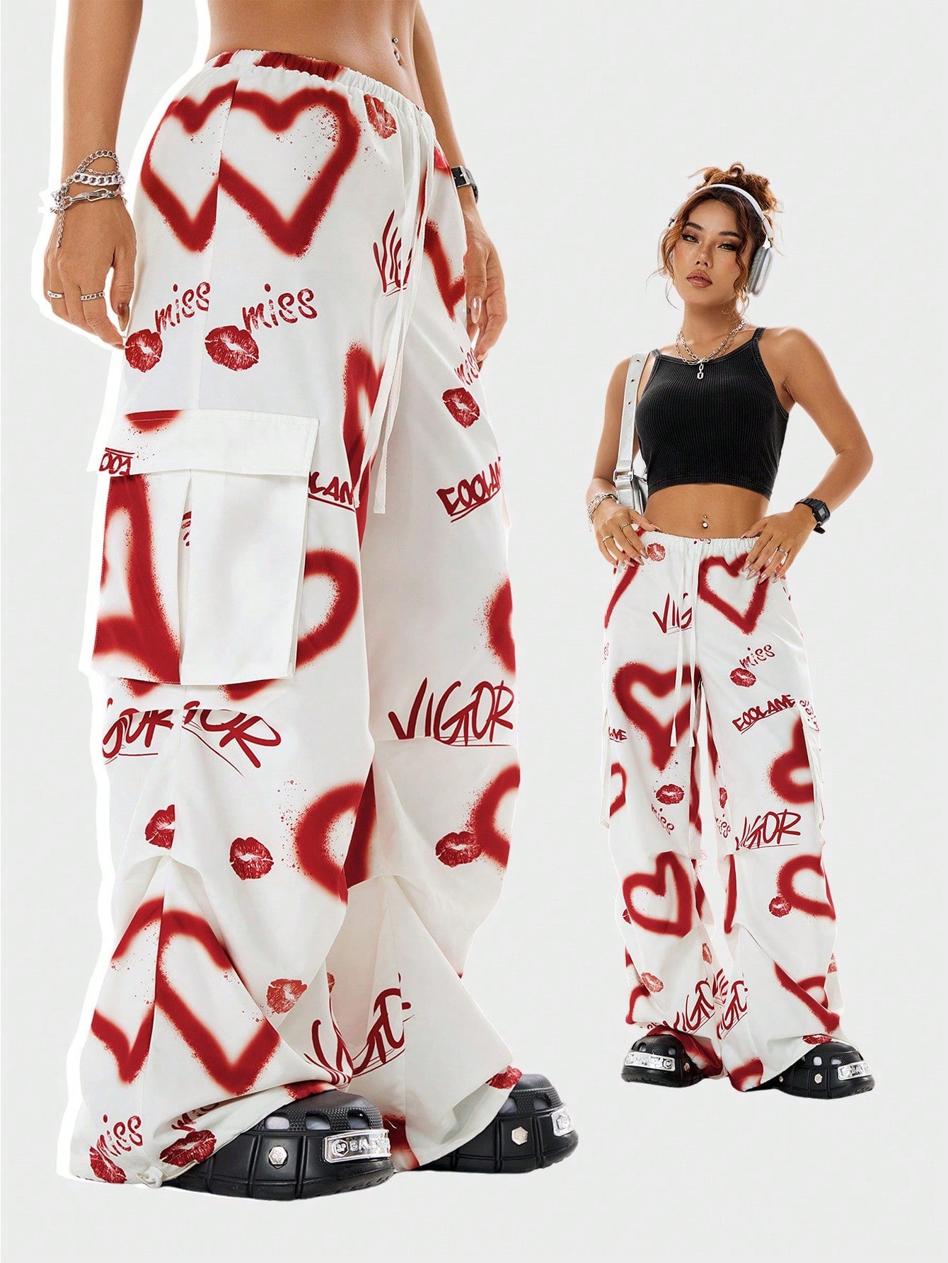 Coolane Women's Daily Wear Date Night Casual Love Graffiti Pattern Parachute Pants