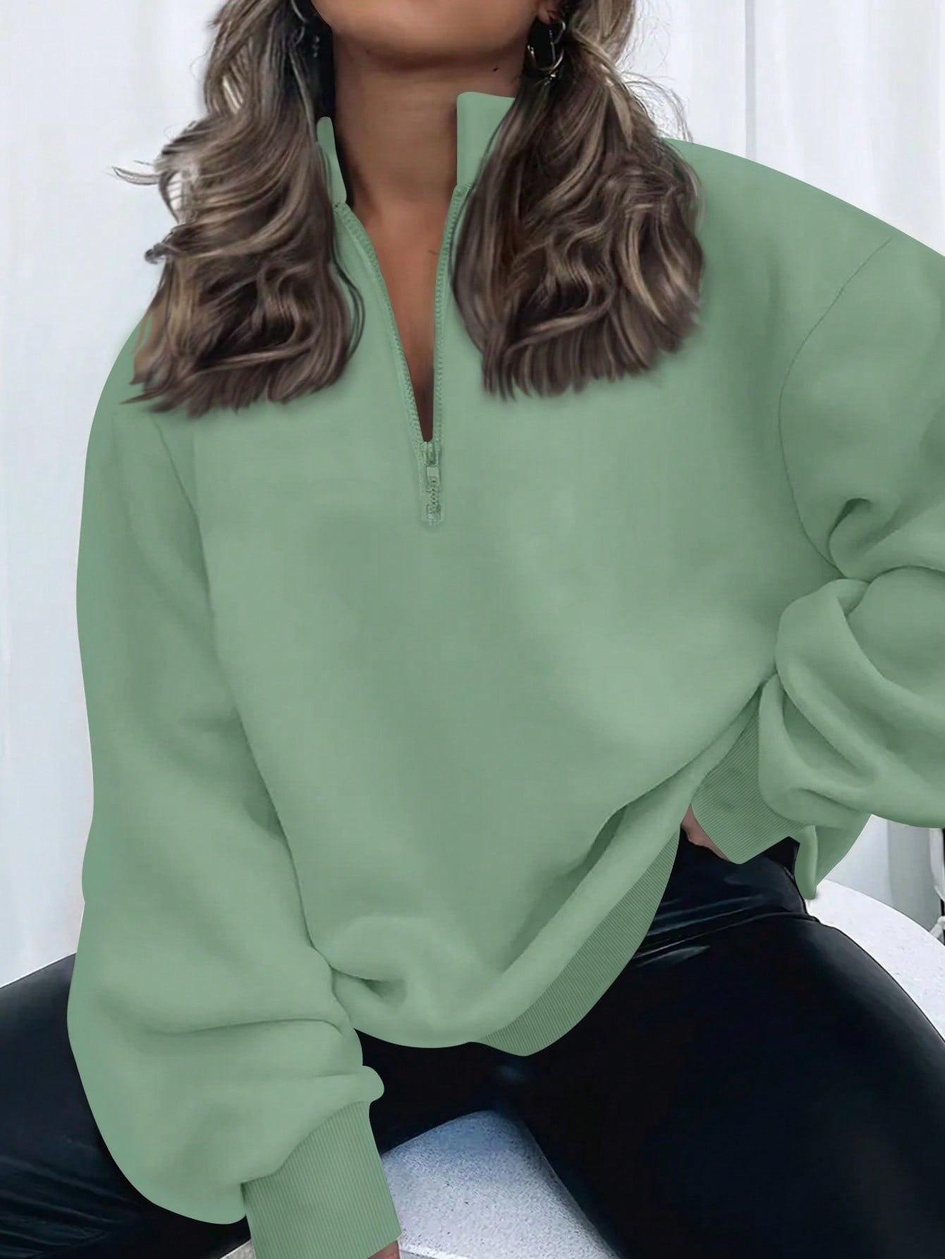 INAWLY Plus Size Women Solid Color Drop Shoulder Long Sleeve Zipper Half Placket Loose Casual Sweatshirt, Autumn