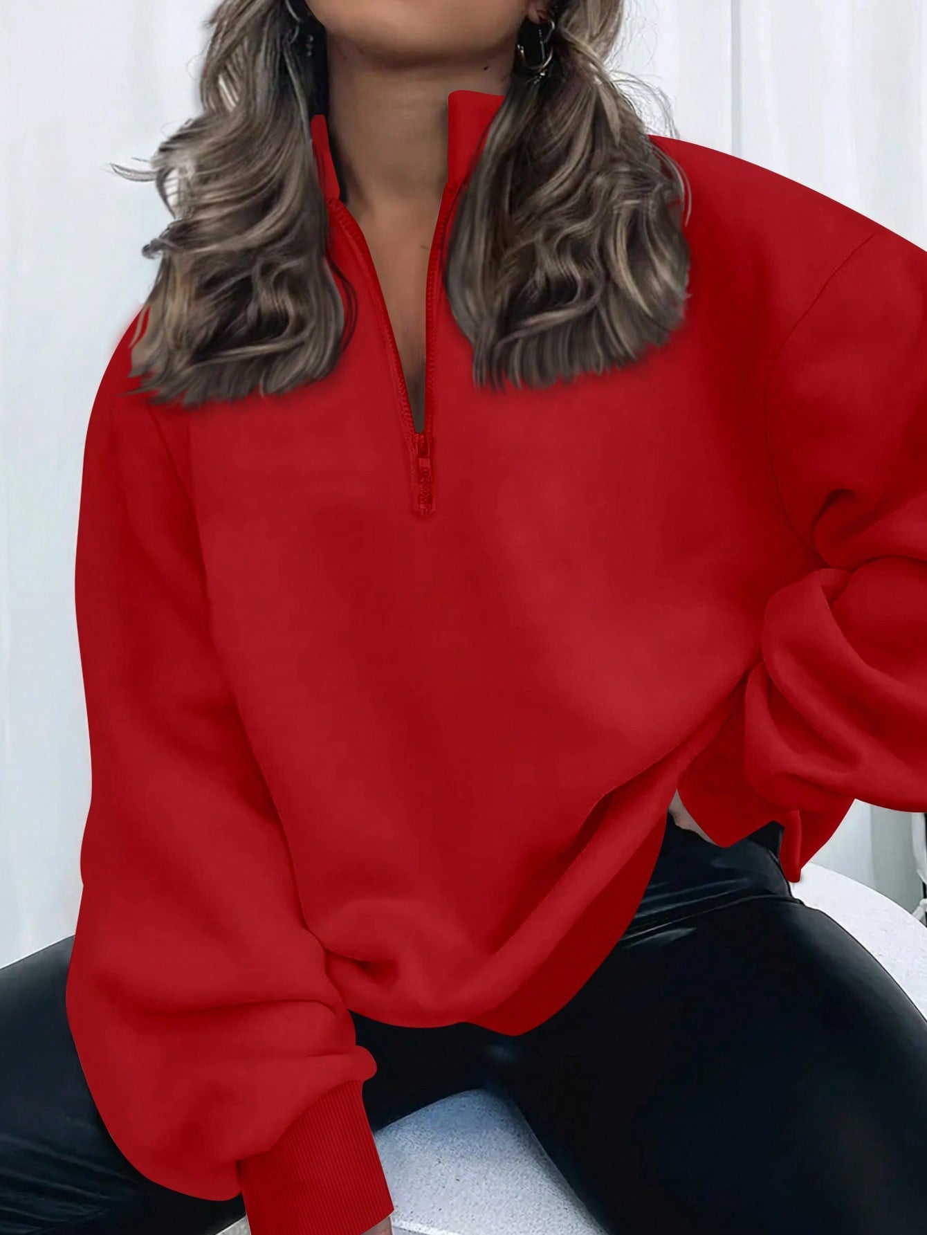 INAWLY Plus Size Women Solid Color Drop Shoulder Long Sleeve Zipper Half Placket Loose Casual Sweatshirt, Autumn