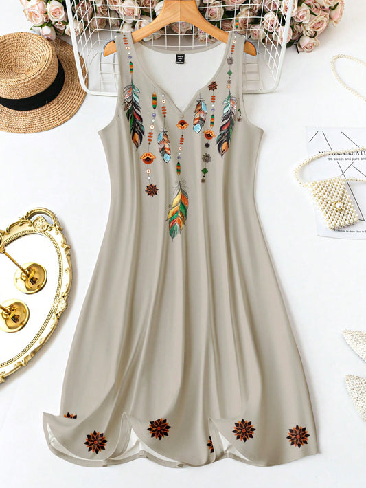 Plus Size Large Feather Print Tank Dress