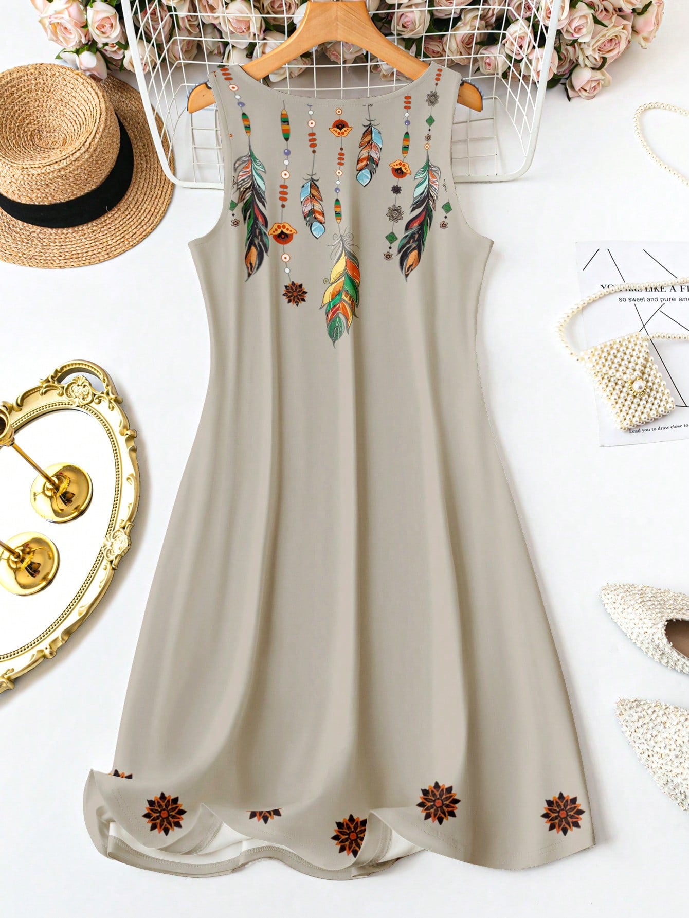 Plus Size Large Feather Print Tank Dress