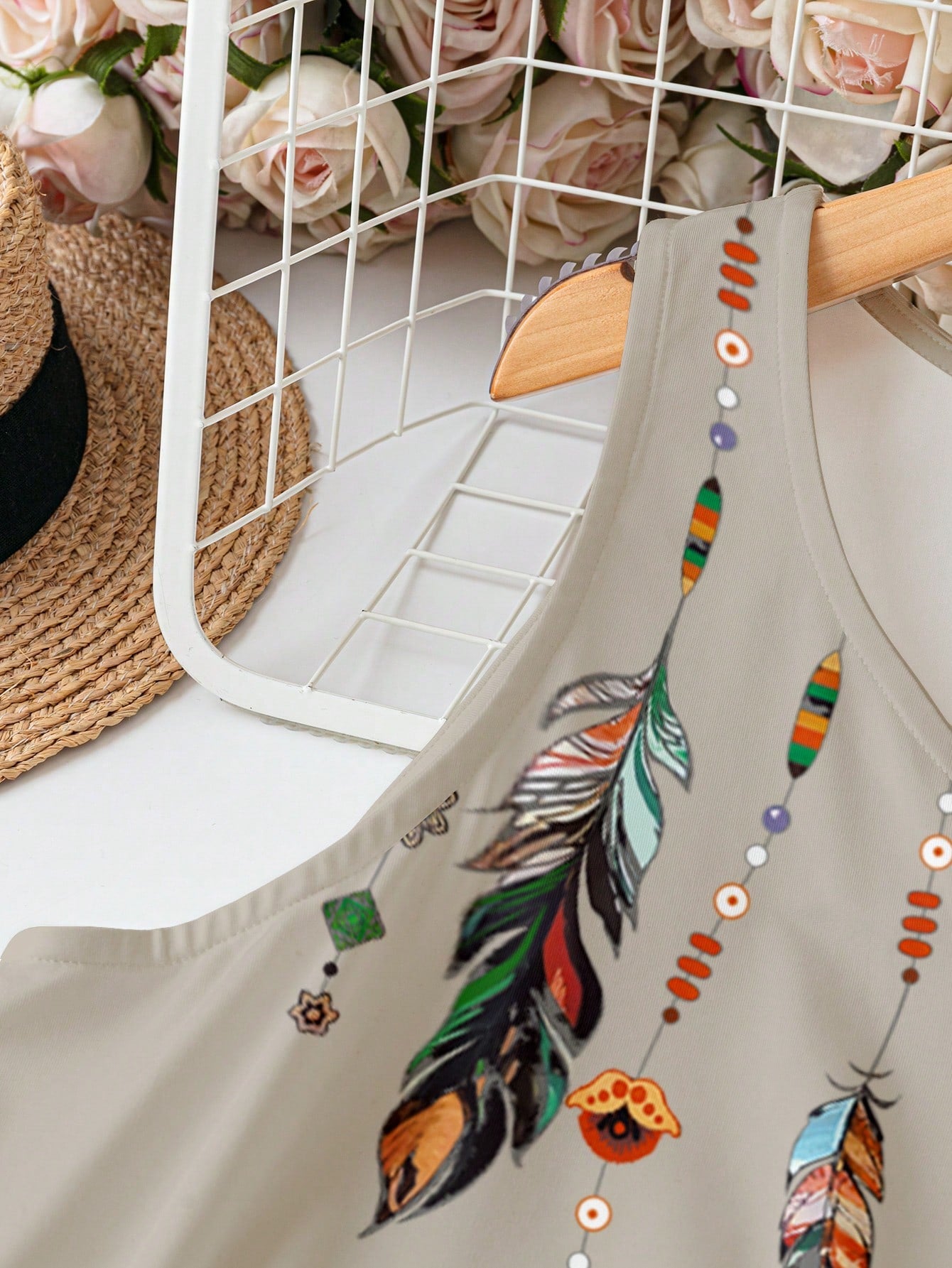 Plus Size Large Feather Print Tank Dress