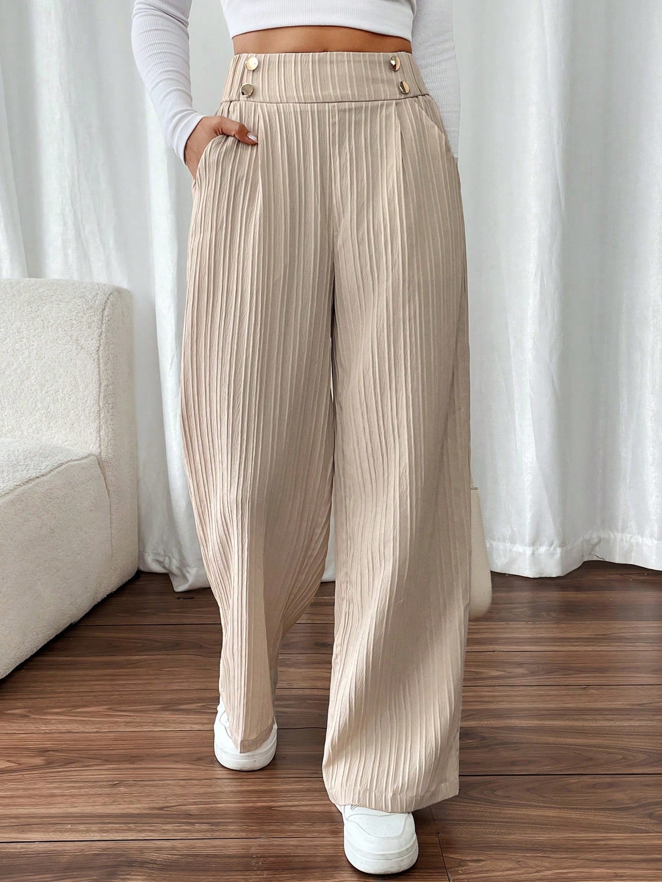 Frenchy Women's Elegant Straight-Leg Office Pants With Double Buckle,Women Fall Clothes ,Office Siren,Business Women Clothes,Elegant Effortless Chic Essential,