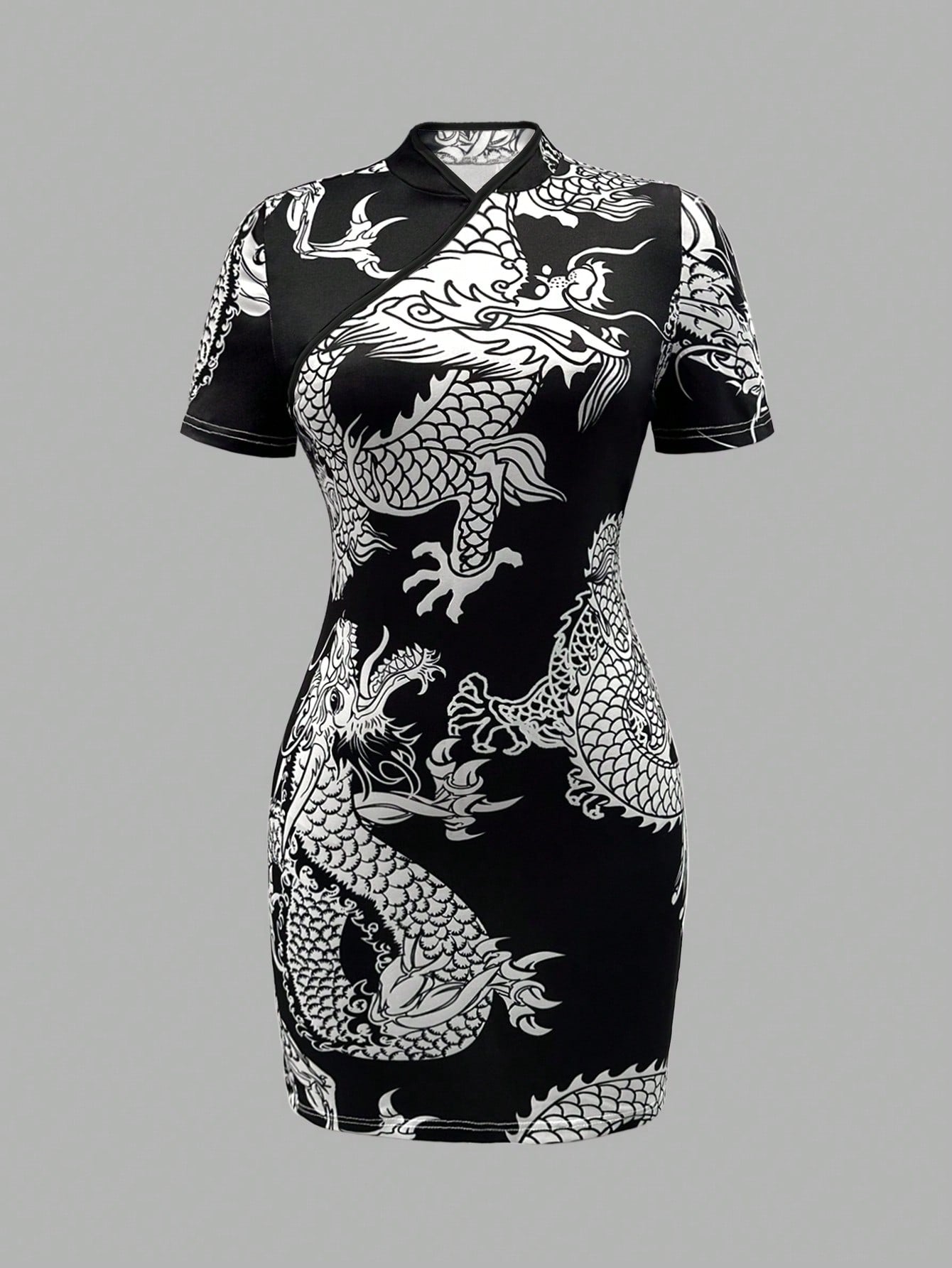 Unity Chinese Dragon Print Random Cut Women Summer Stand Collar Short Sleeve Elegant Dress