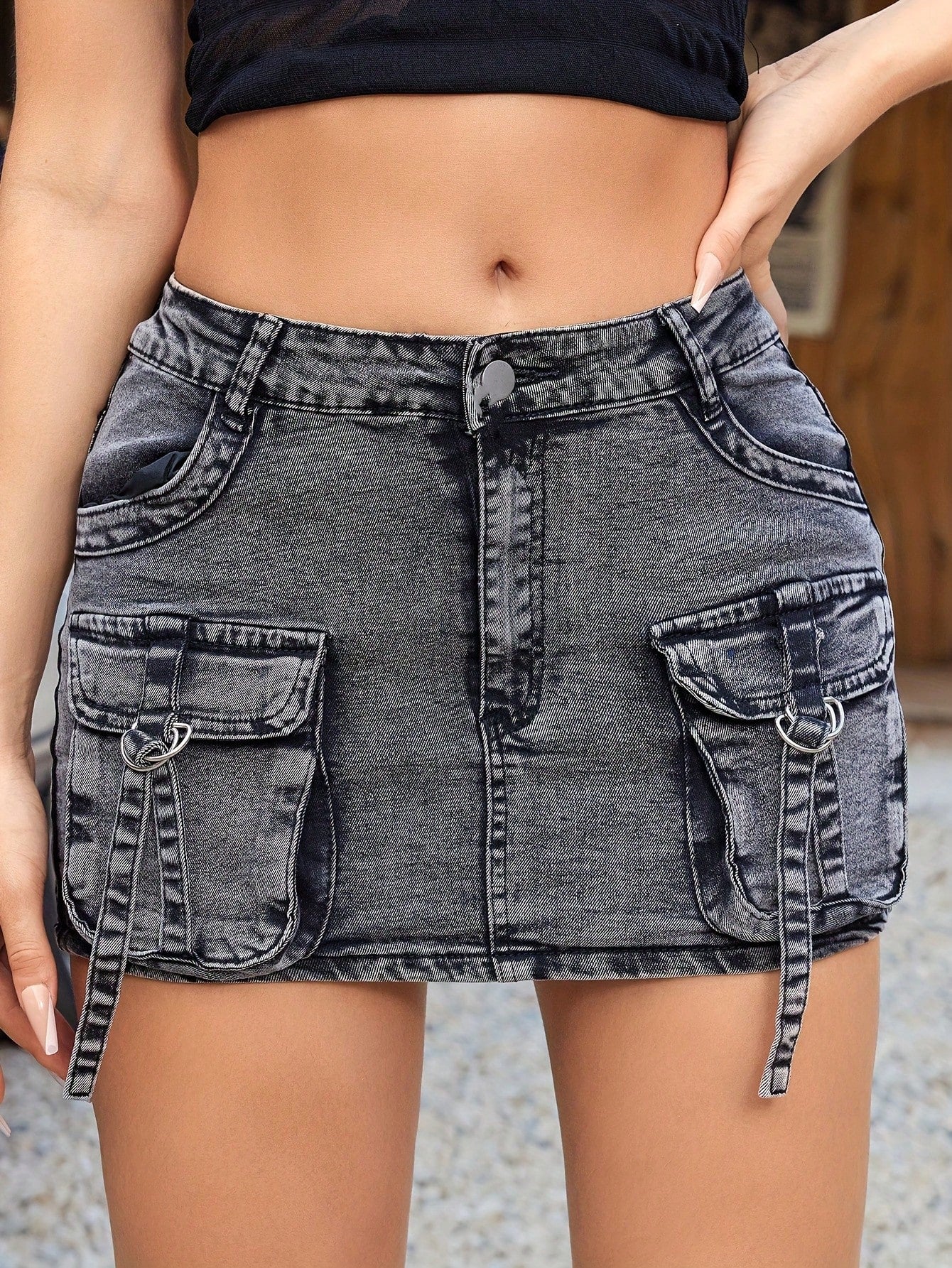 Women's Elegant Vintage Grey Denim Mini Skirt With Flip Pocket, Zip-Up Button Open Cargo Denim Skirt