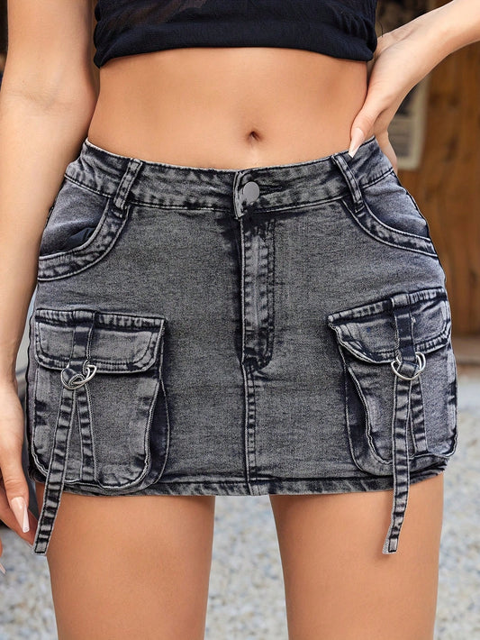 Women's Elegant Vintage Grey Denim Mini Skirt With Flip Pocket, Zip-Up Button Open Cargo Denim Skirt