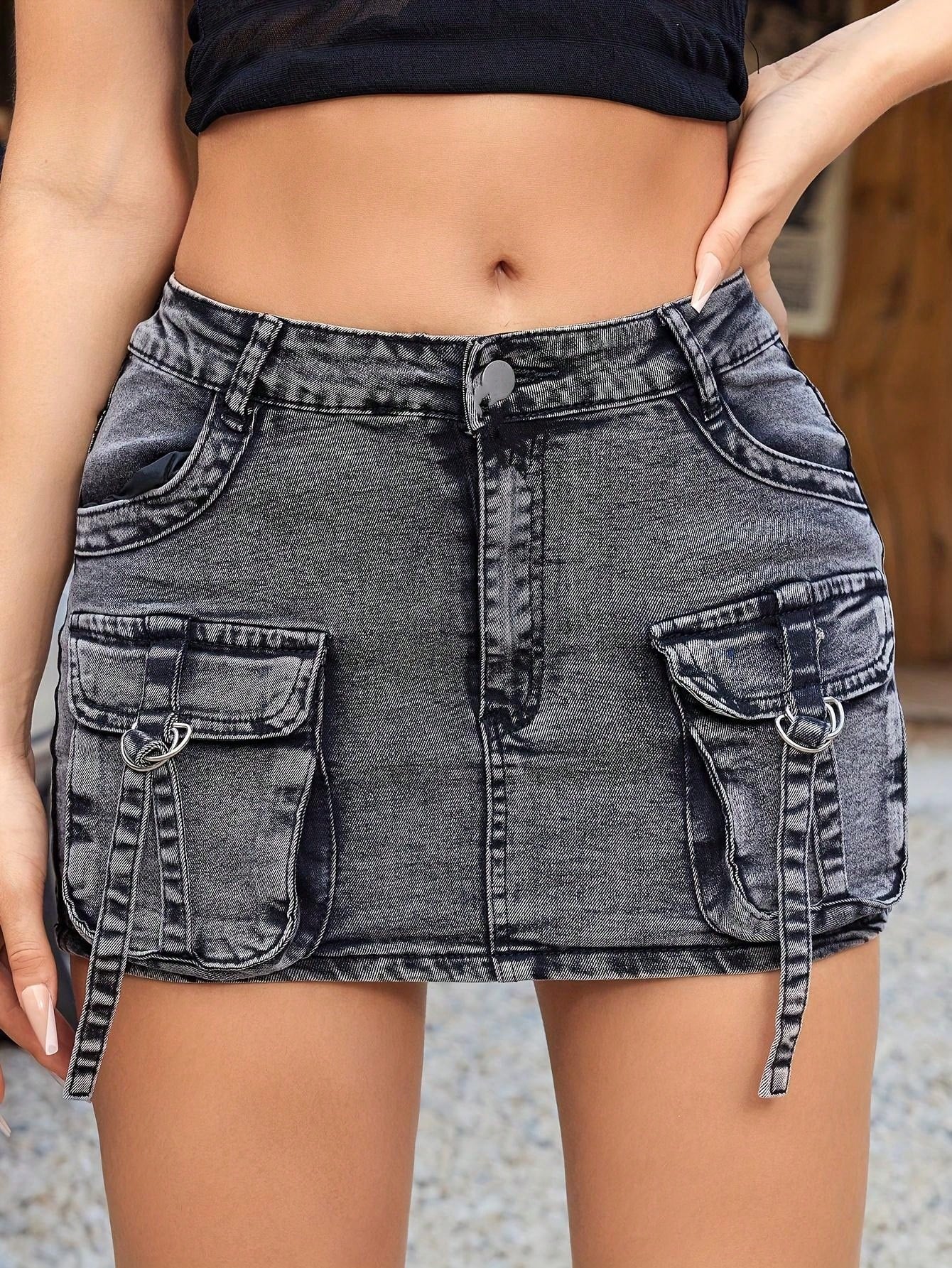 Women's Elegant Vintage Grey Denim Mini Skirt With Flip Pocket, Zip-Up Button Open Cargo Denim Skirt