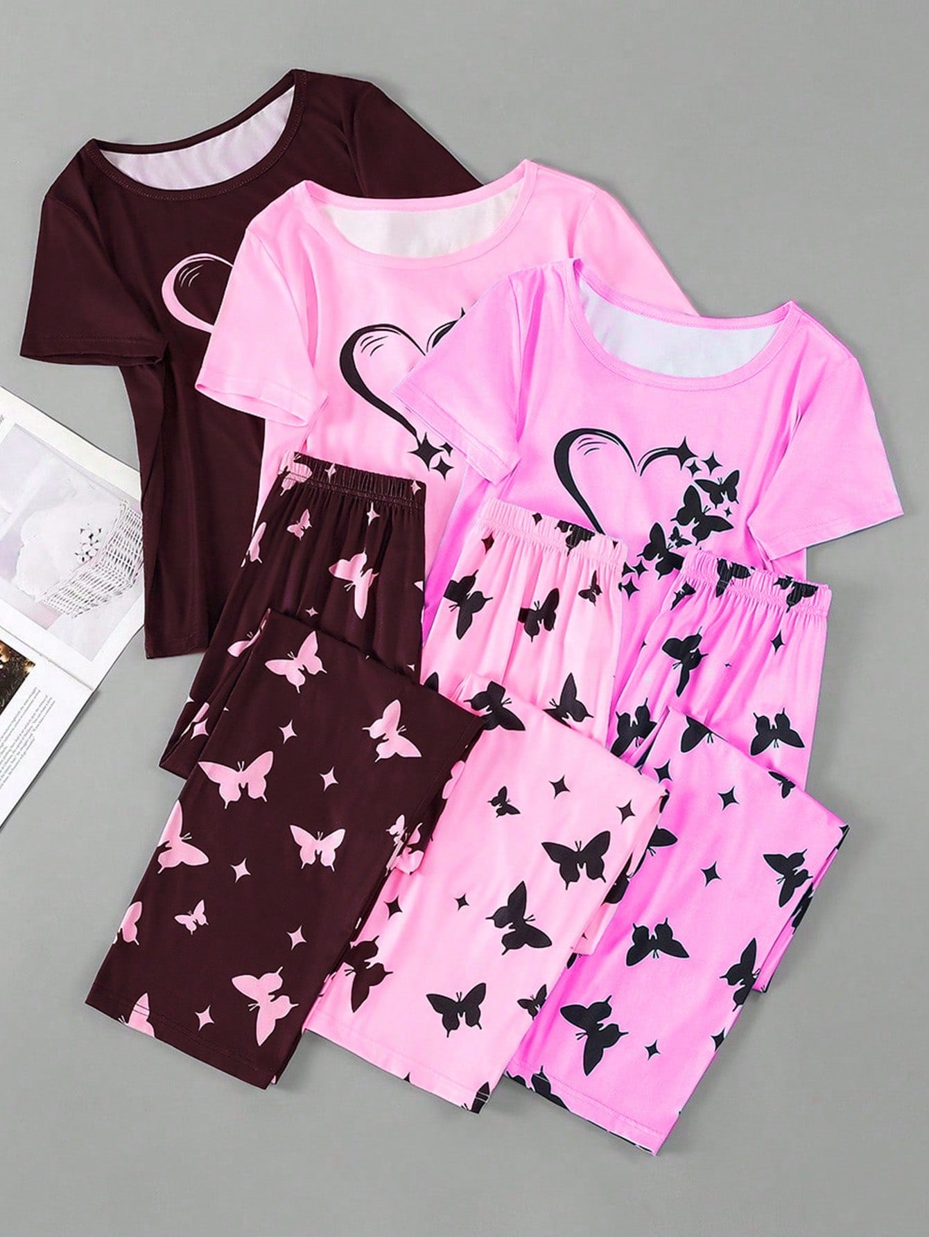 3pcs/set Women's Heart & Butterfly Print Short Sleeve Top And Long Pants Pajamas Set