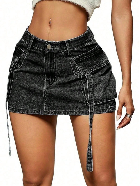 Women's Mid-Waist Cargo Denim Mini Skirt, Cargo Denim Mini Dress.