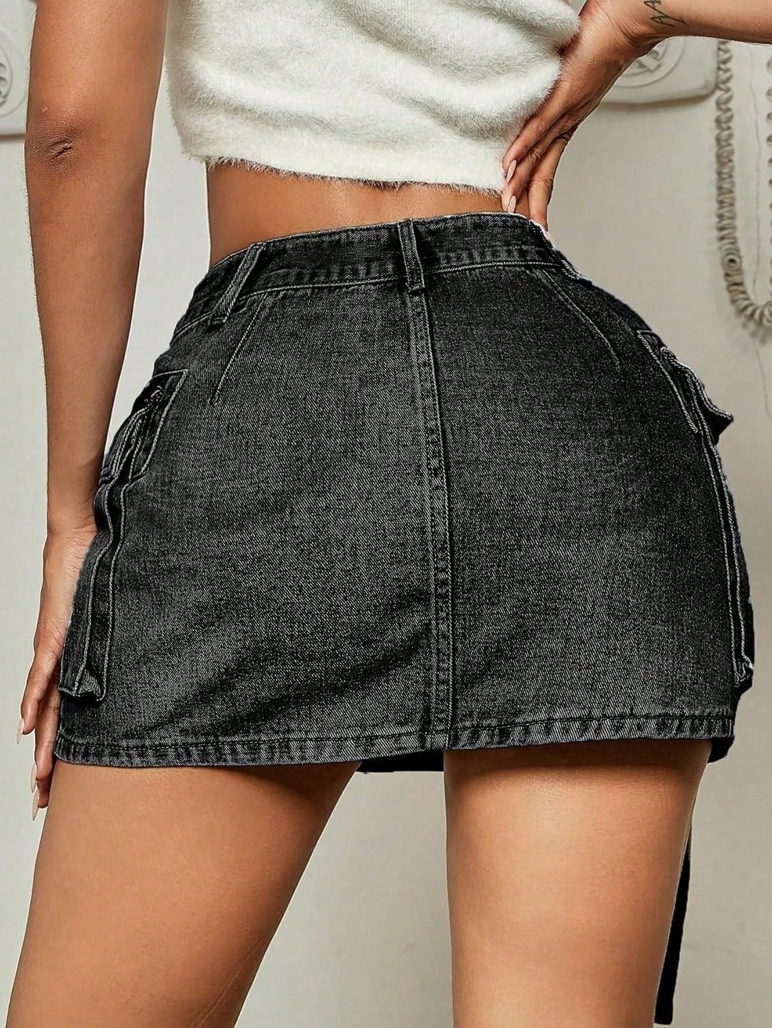 Women's Mid-Waist Cargo Denim Mini Skirt, Cargo Denim Mini Dress.